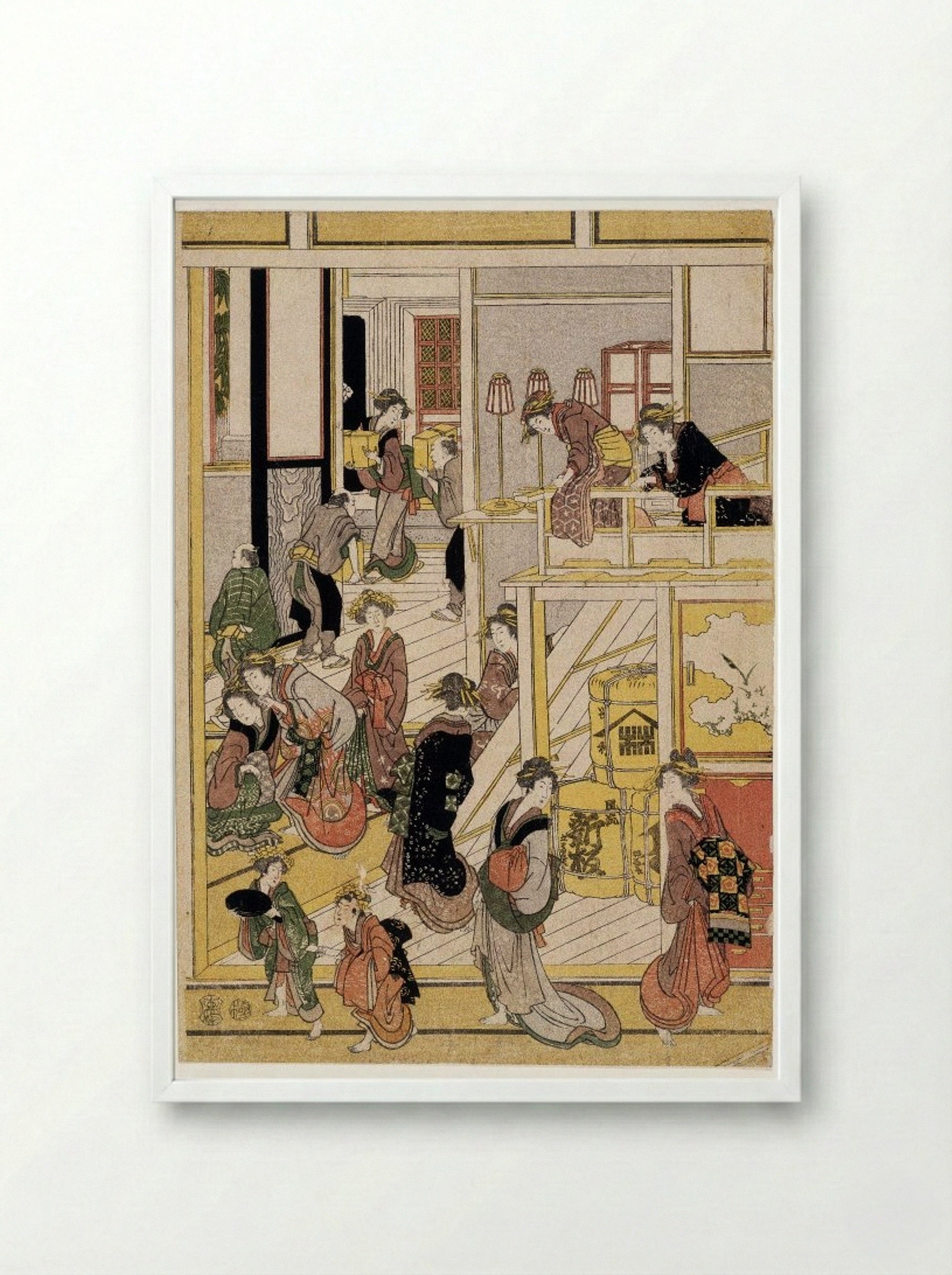 New Year's Days of the Teahouse Ogi-ya - Utagawa Toyokuni I - Framed Print White