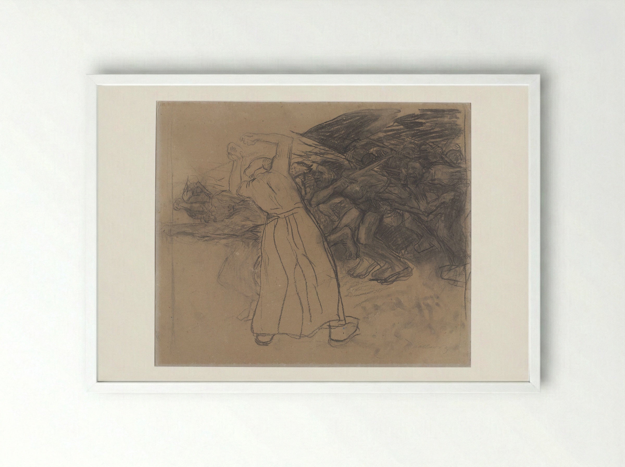 Standing Woman Encouraging a Marching Group of Men - Käthe Kollwitz - Framed Print White