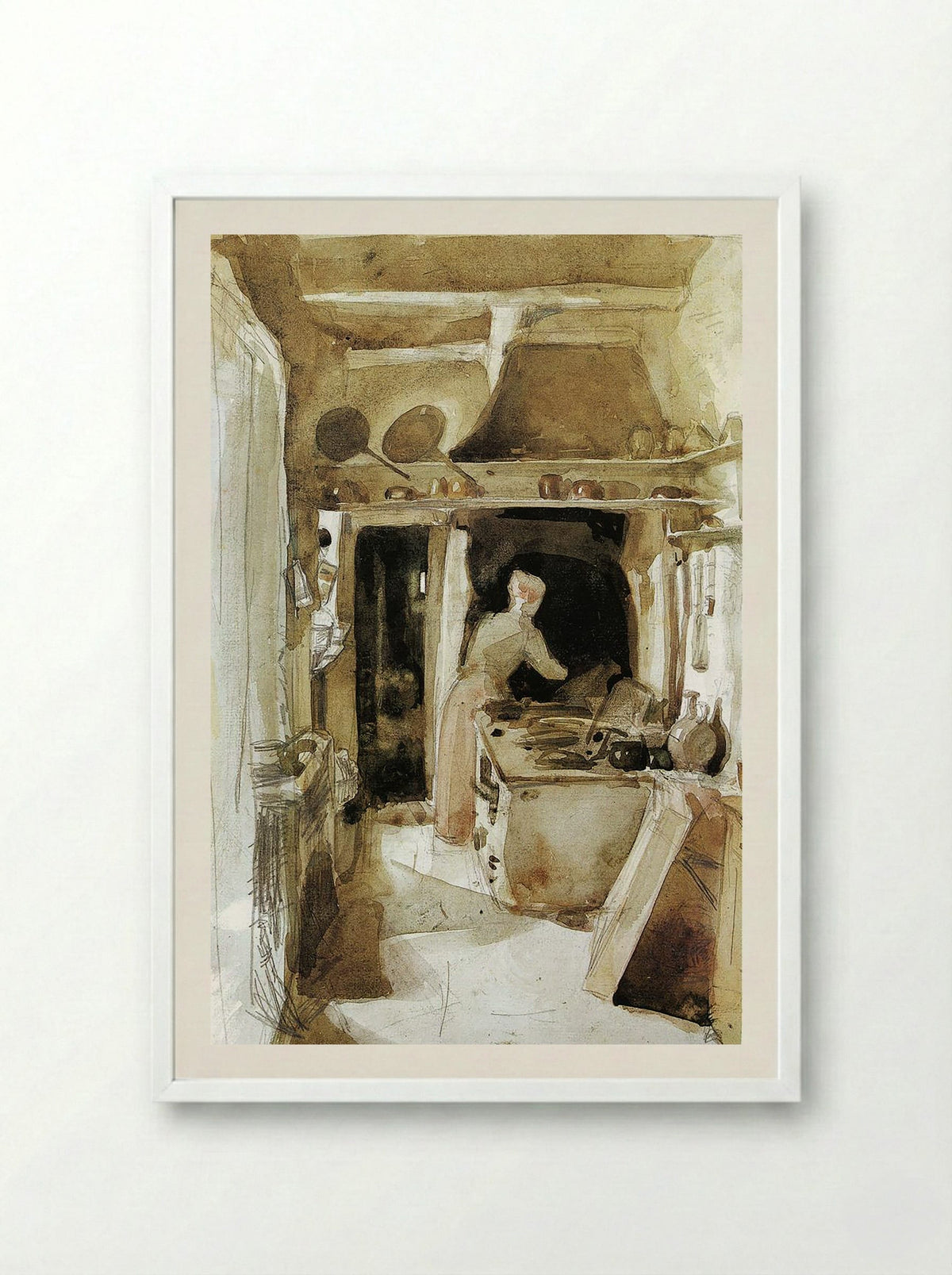 The Kitchen - Carl Larsson - Framed Print White
