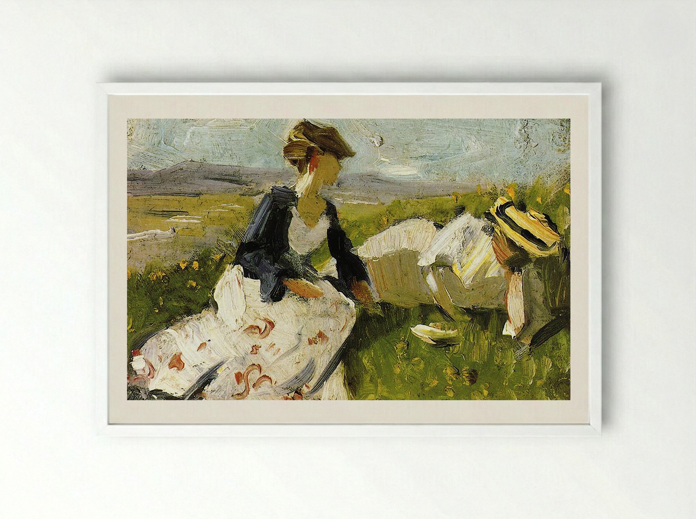Two Women on the Hillside - William Merritt Chase - Framed Print White