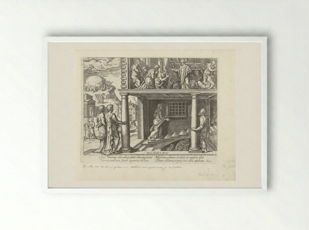 Hemelvaart van Christus en verkiezing van Mattias - Philips Galle - Framed Print White