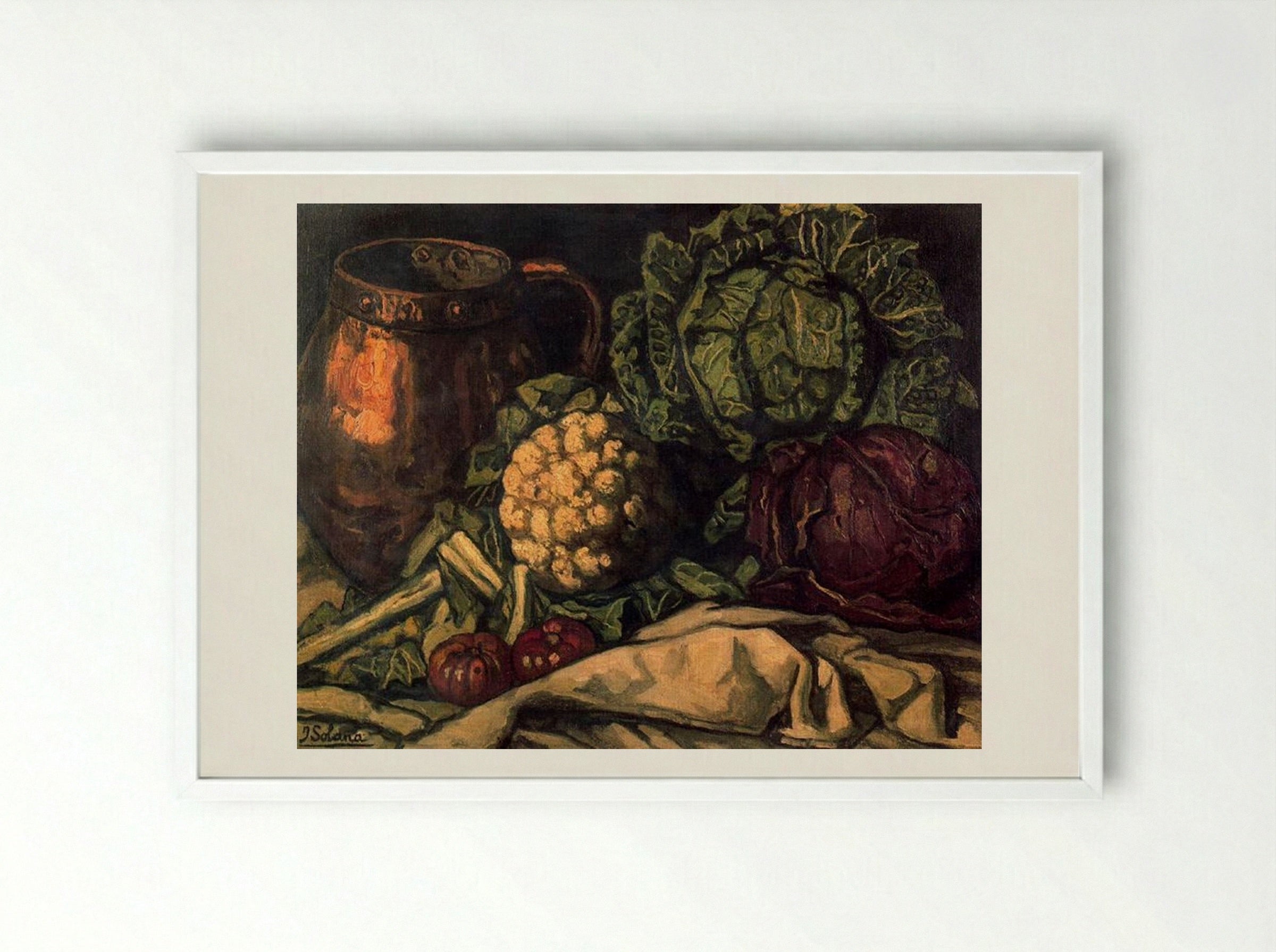 Still Life with Red Cabbage, Copper, Cauliflower and Cabbage - José Gutiérrez Solana - Framed Print White