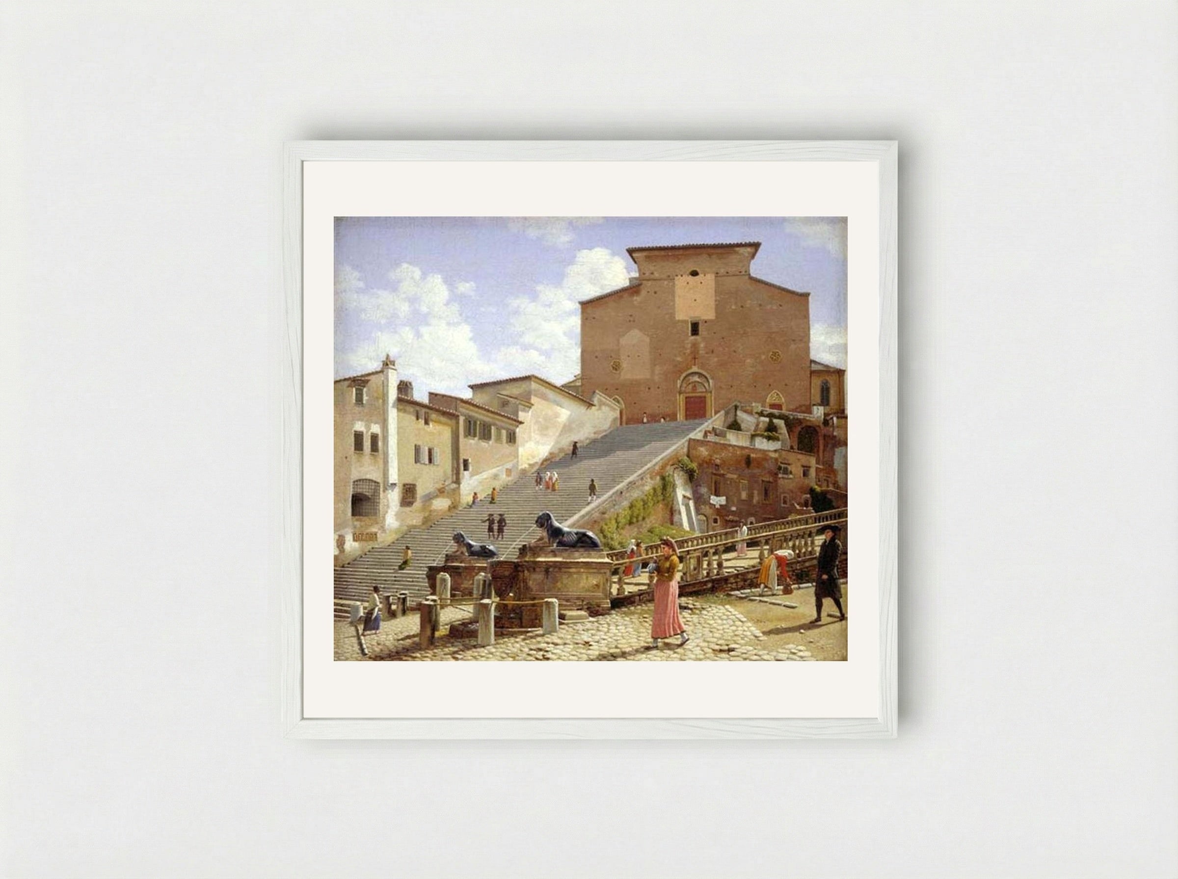 The Marble Staircase Leading to Santa Maria in Aracoeli, Rome - Christoffer Wilhelm Eckersberg - Framed Print White