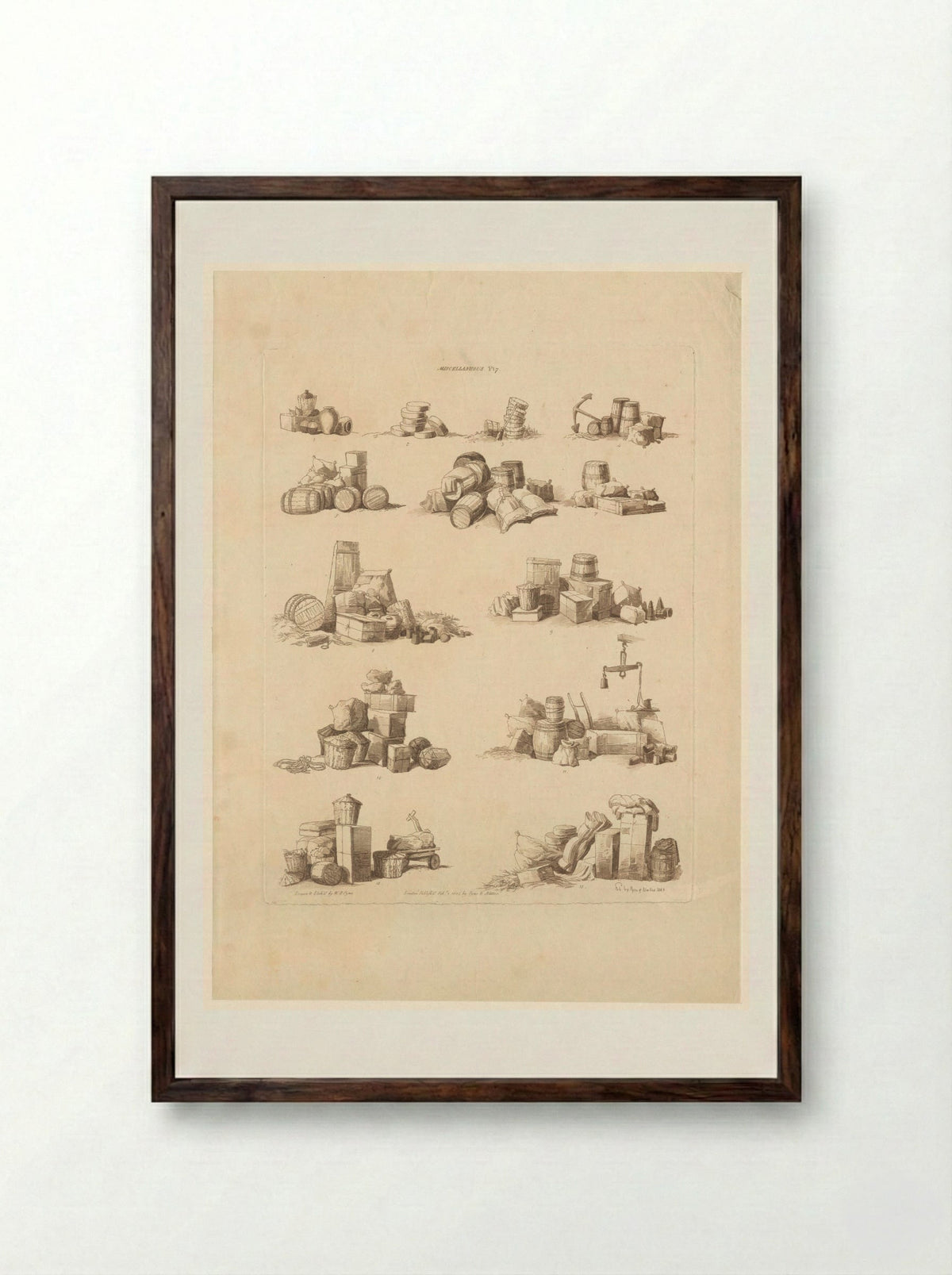 Dertien stapels met diverse containers - John Hill - Framed Print Dark Wood