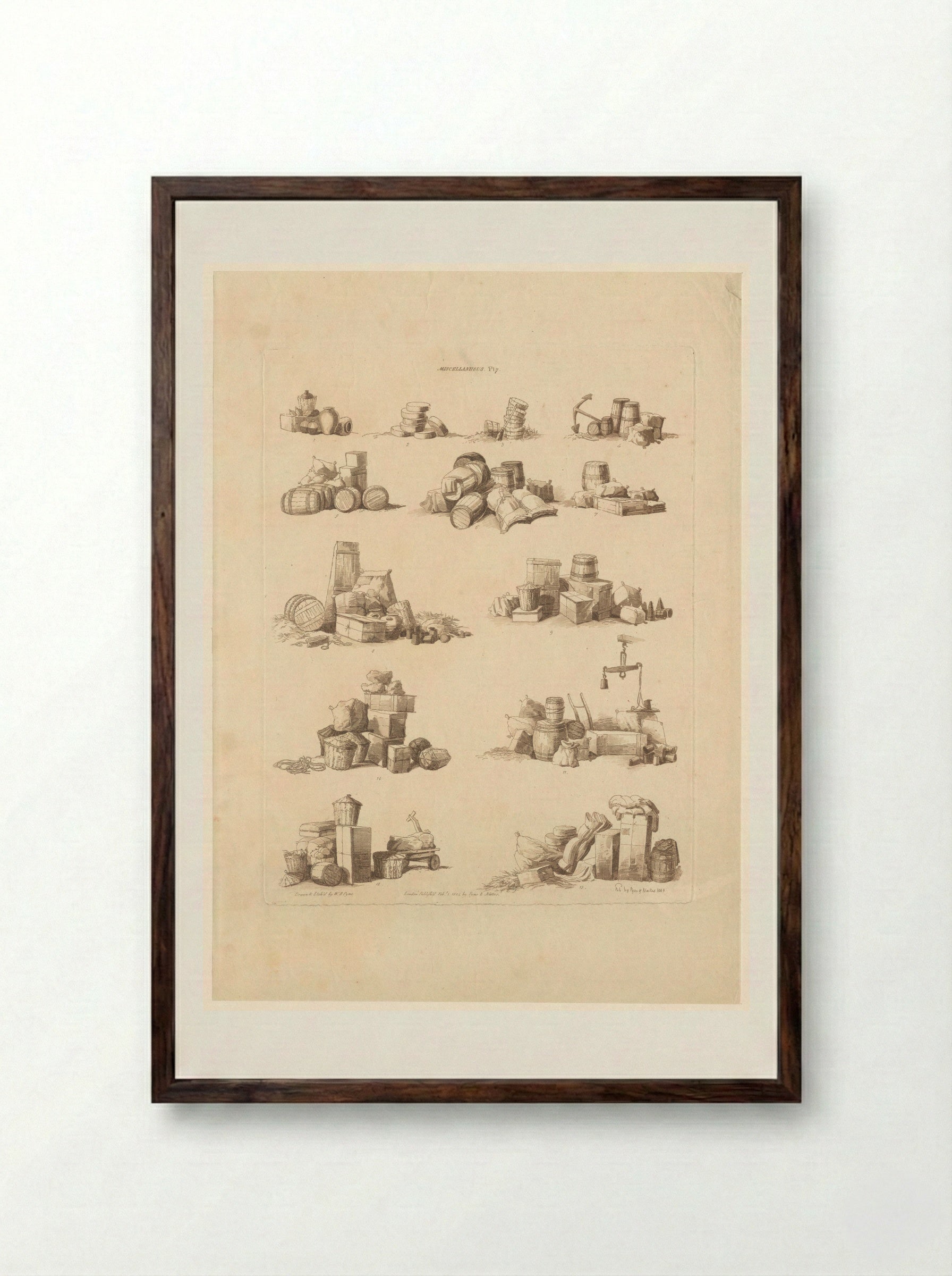 Dertien stapels met diverse containers - John Hill - Framed Print Dark Wood