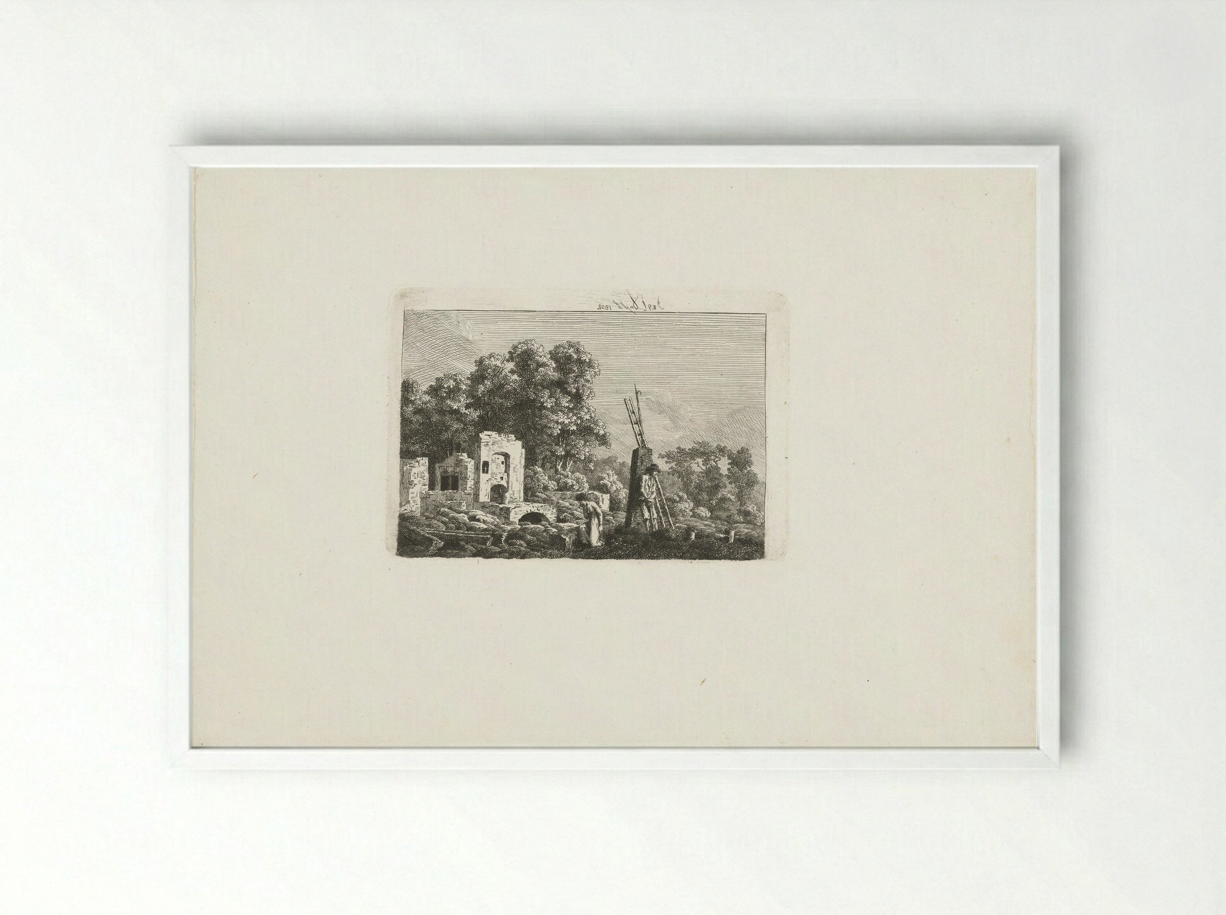 Man and Woman Contemplating the Remains of Their Burnt-Down House - Caspar David Friedrich - Framed Print White