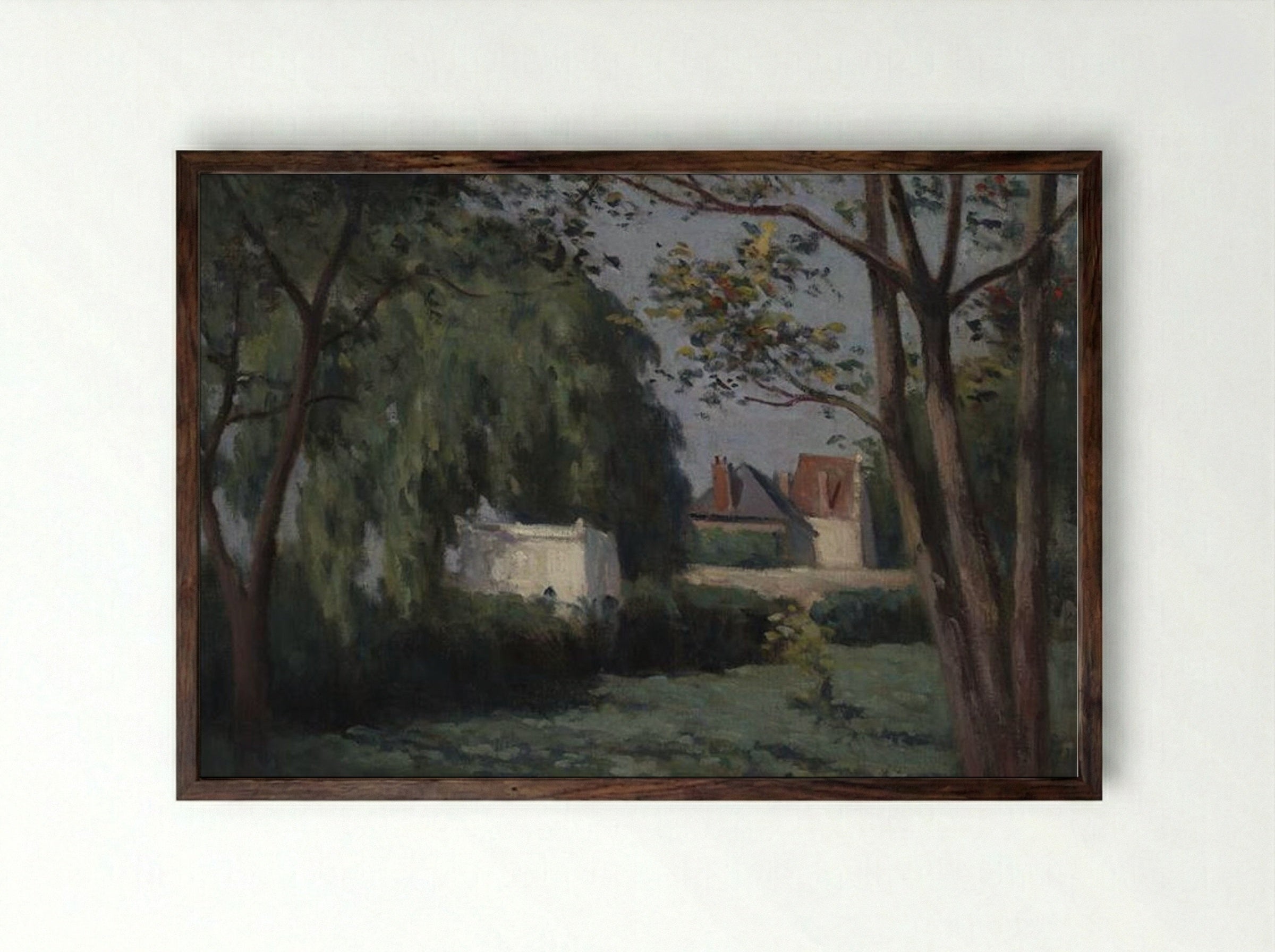 Country Scene with Three Houses and Trees - Maximilien Luce - Framed Print Dark Wood