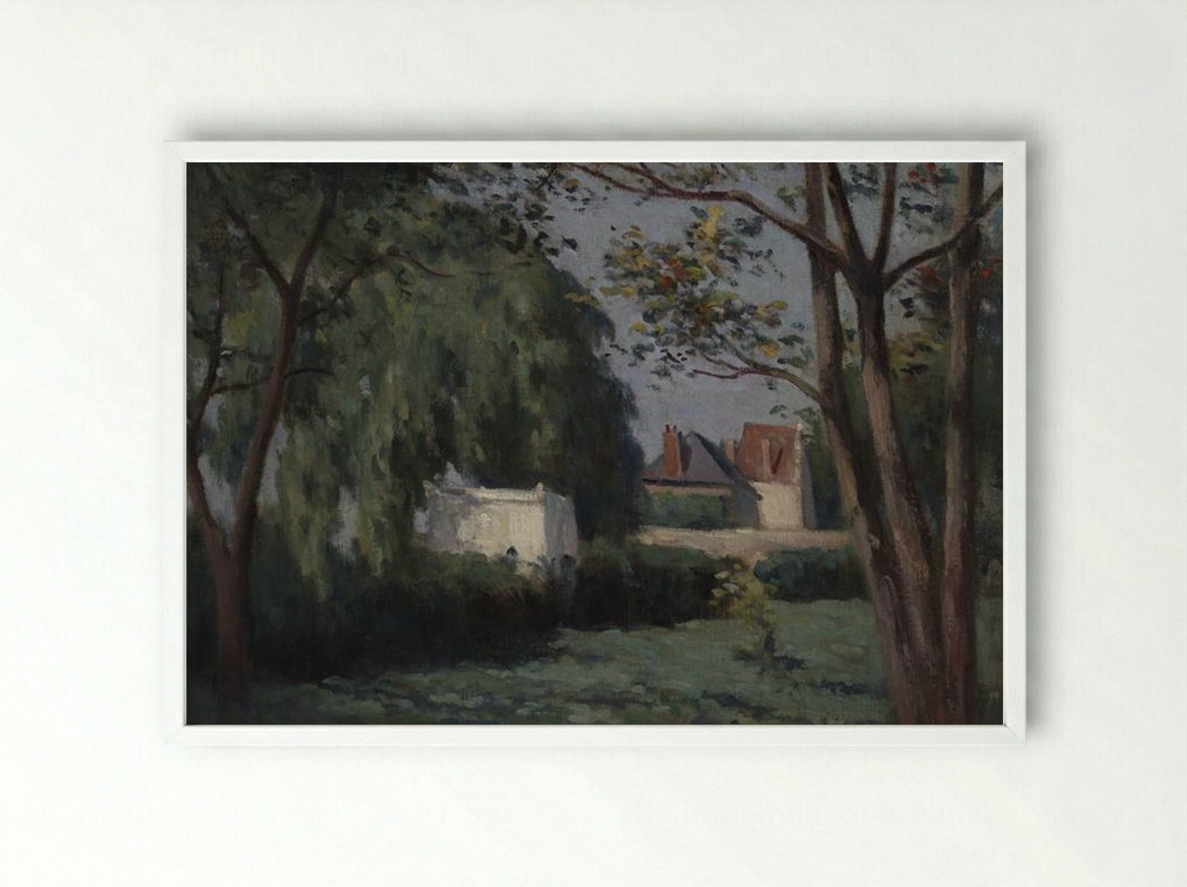 Country Scene with Three Houses and Trees - Maximilien Luce - Framed Print White