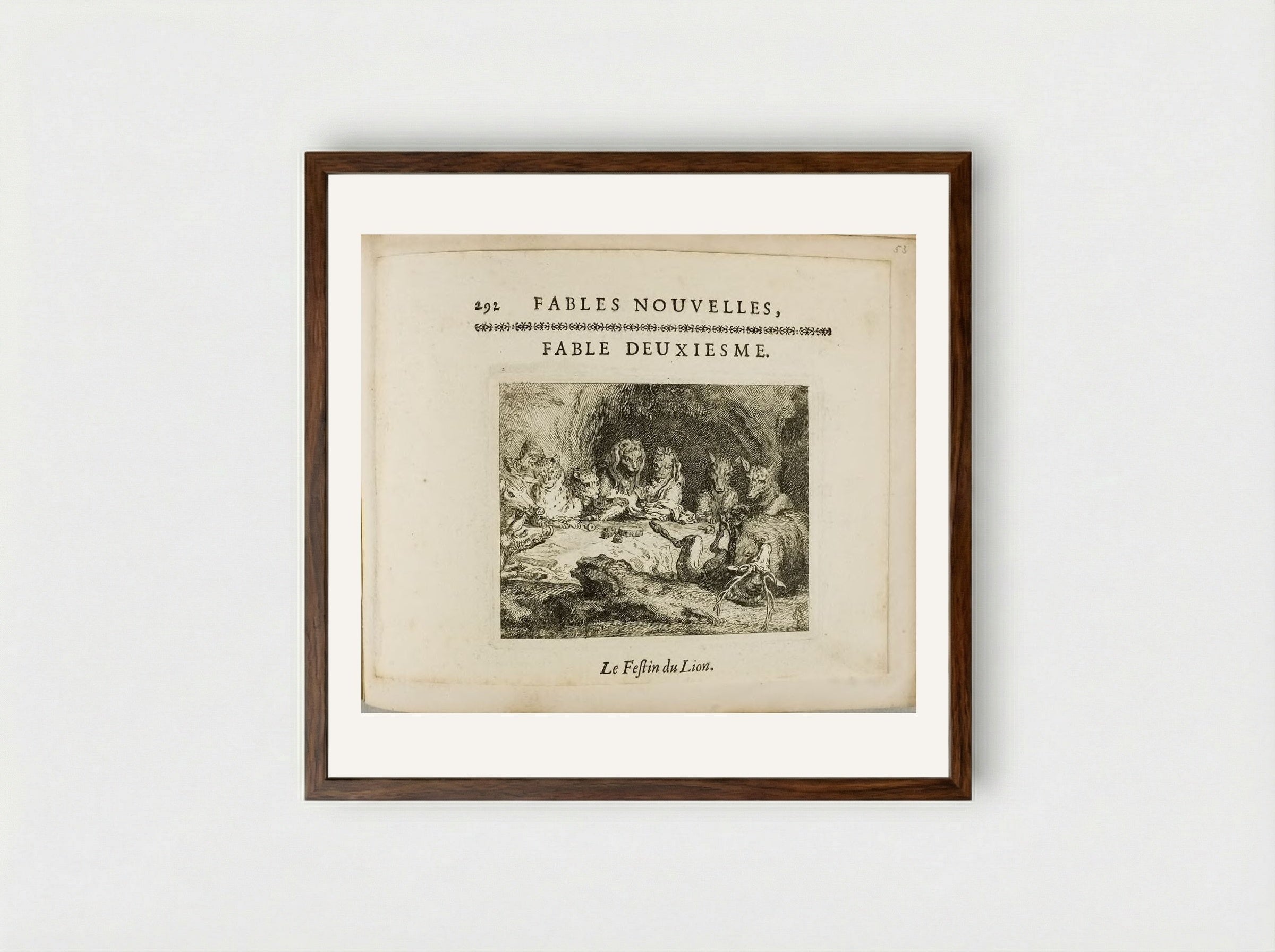 The Lion's Dinner Party - Claude Gillot - Framed Print Dark Wood