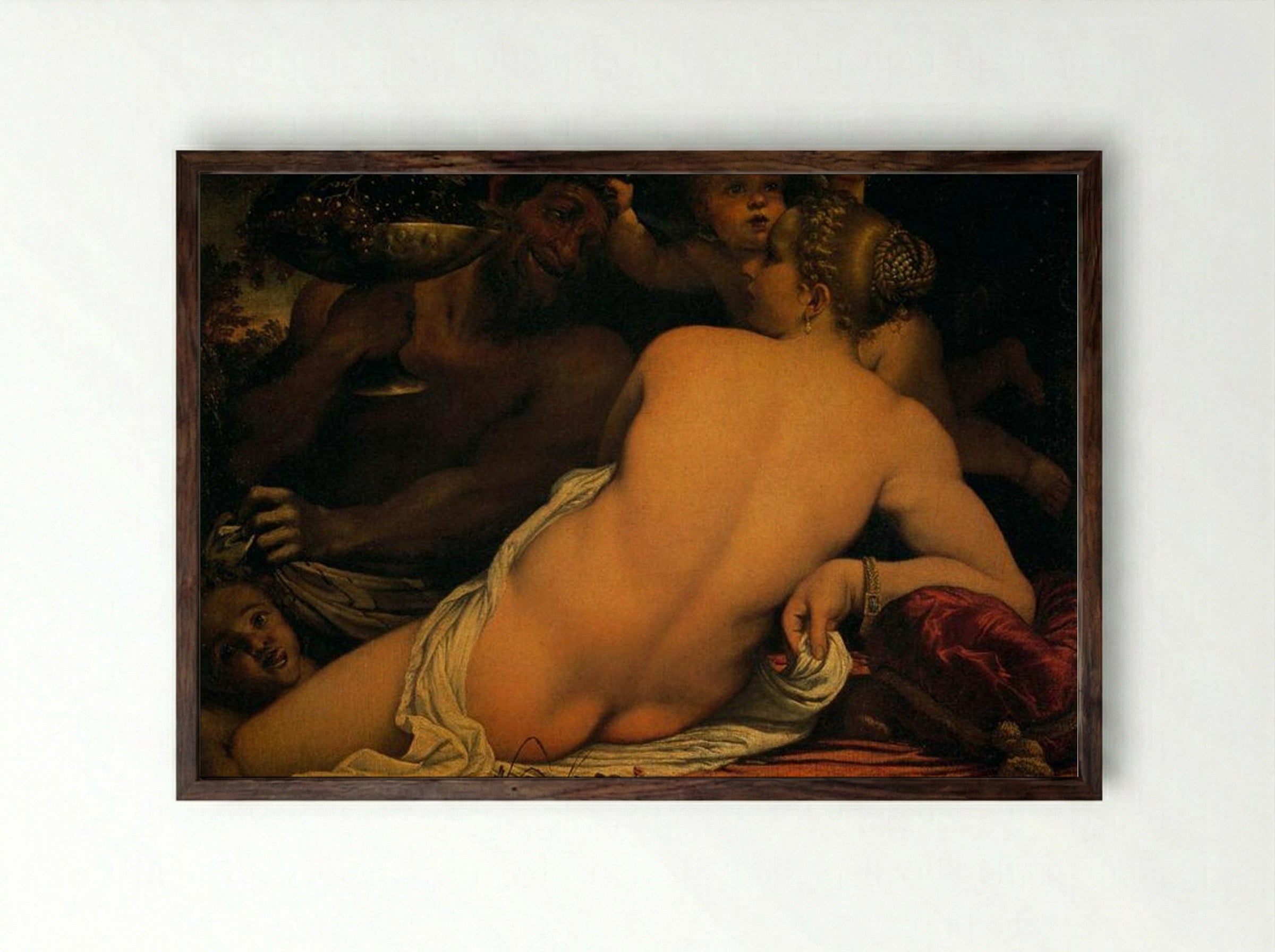 Venus with a Satyr and Cupids - Annibale Carracci - Framed Print Dark Wood