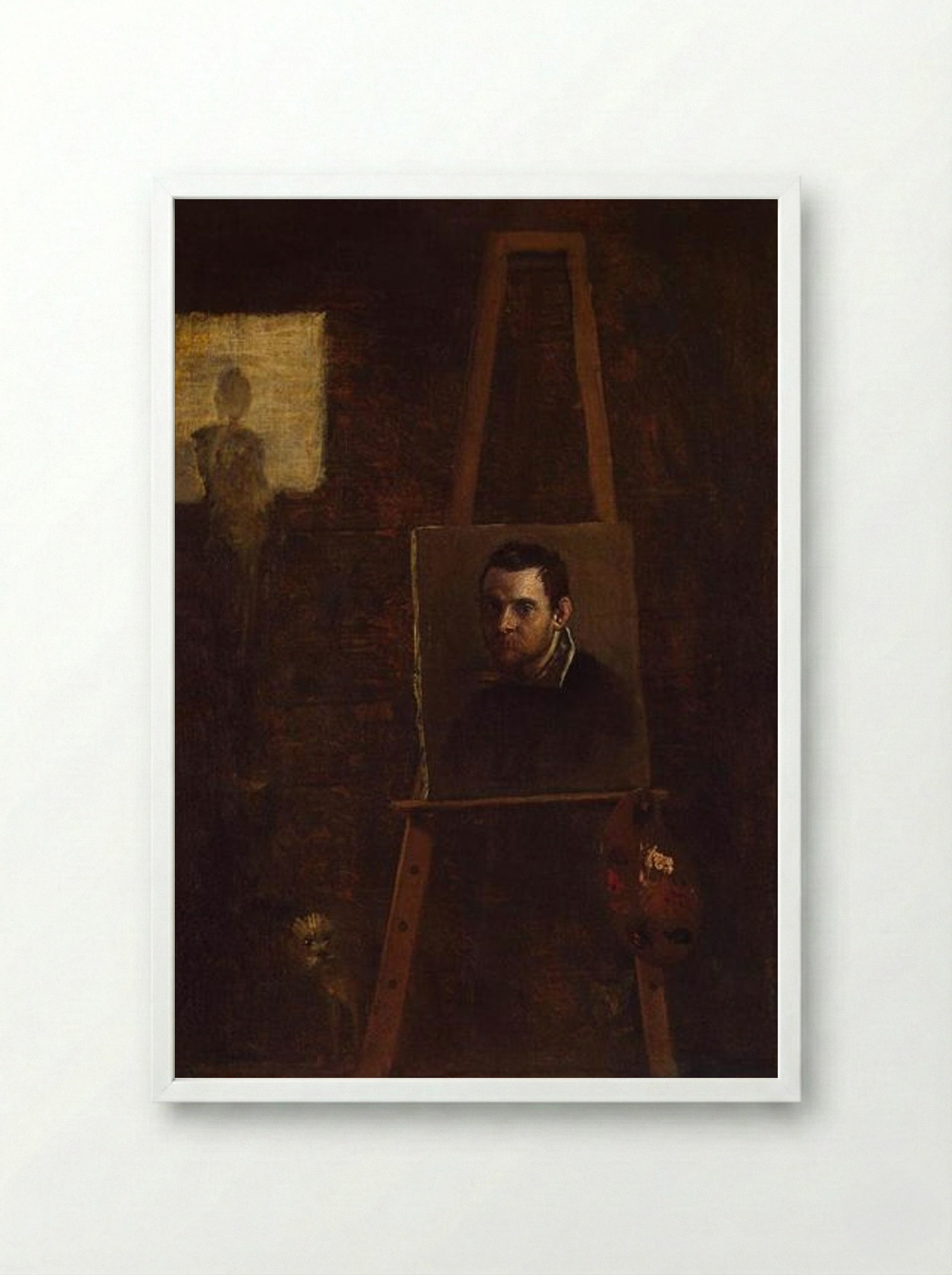 Self-portrait on an Easel in a Workshop - Annibale Carracci - Framed Print White