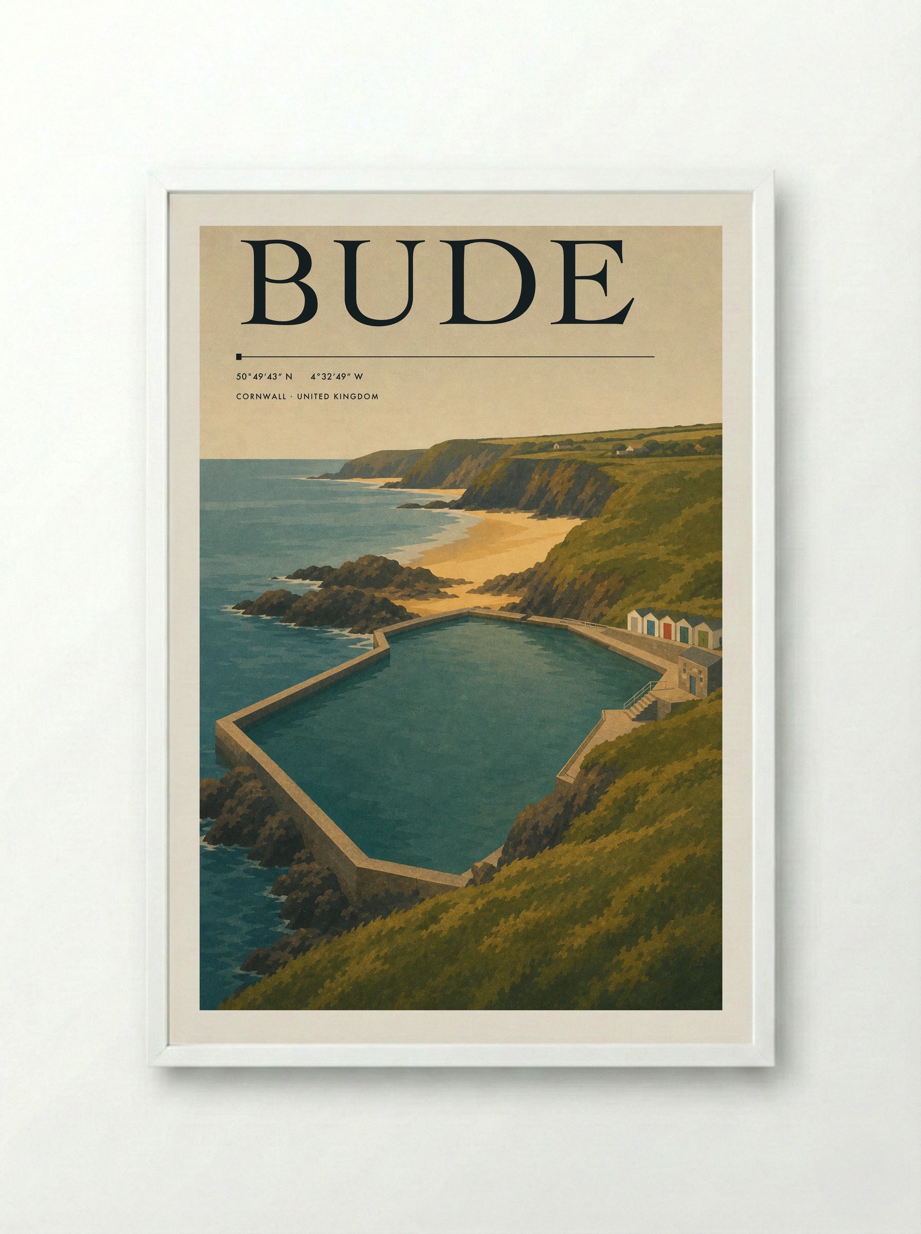 Bude Cornwall Travel Poster - Framed Print White