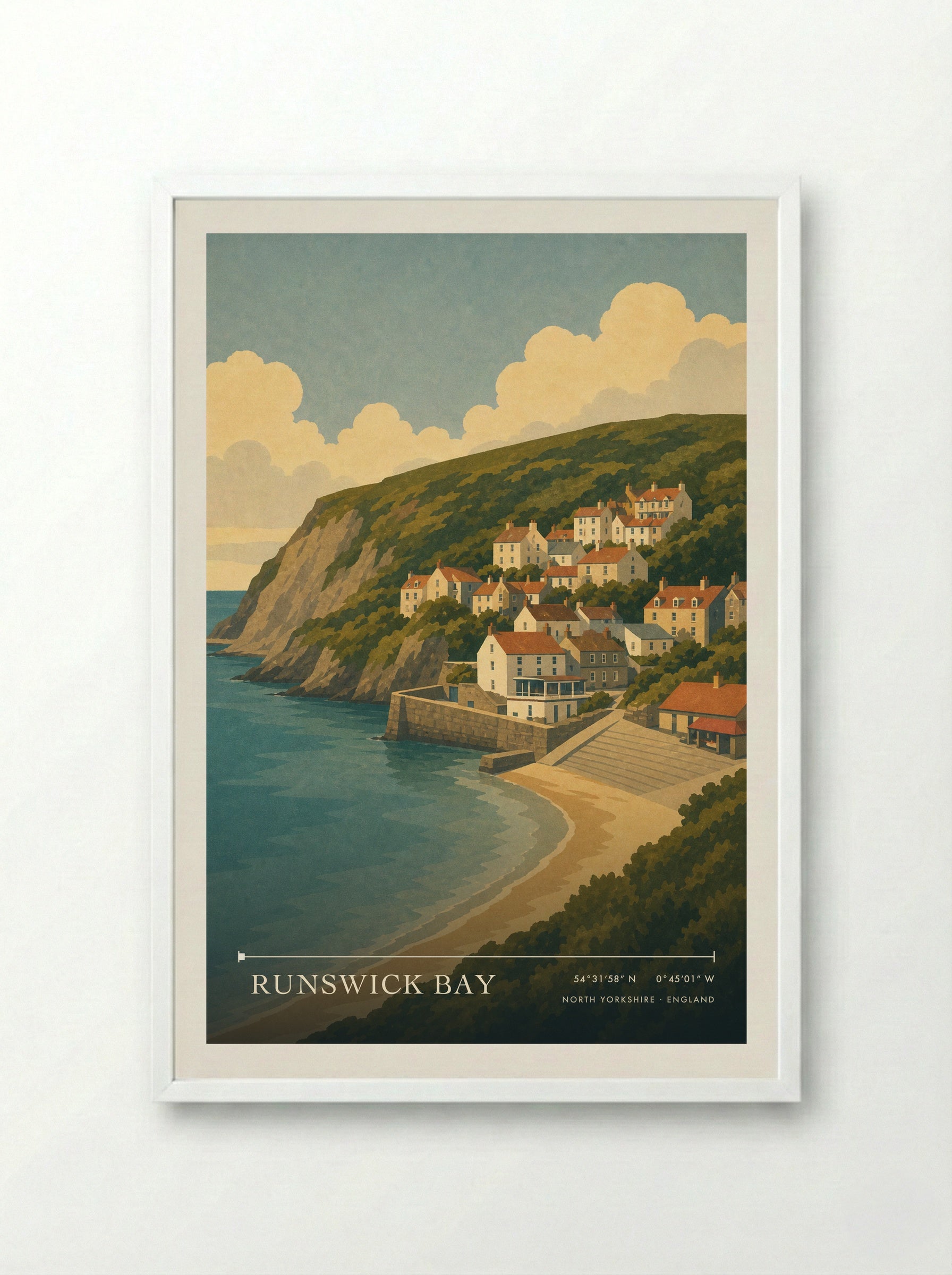 Runswick Bay Yorkshire Travel Poster - Framed Print White