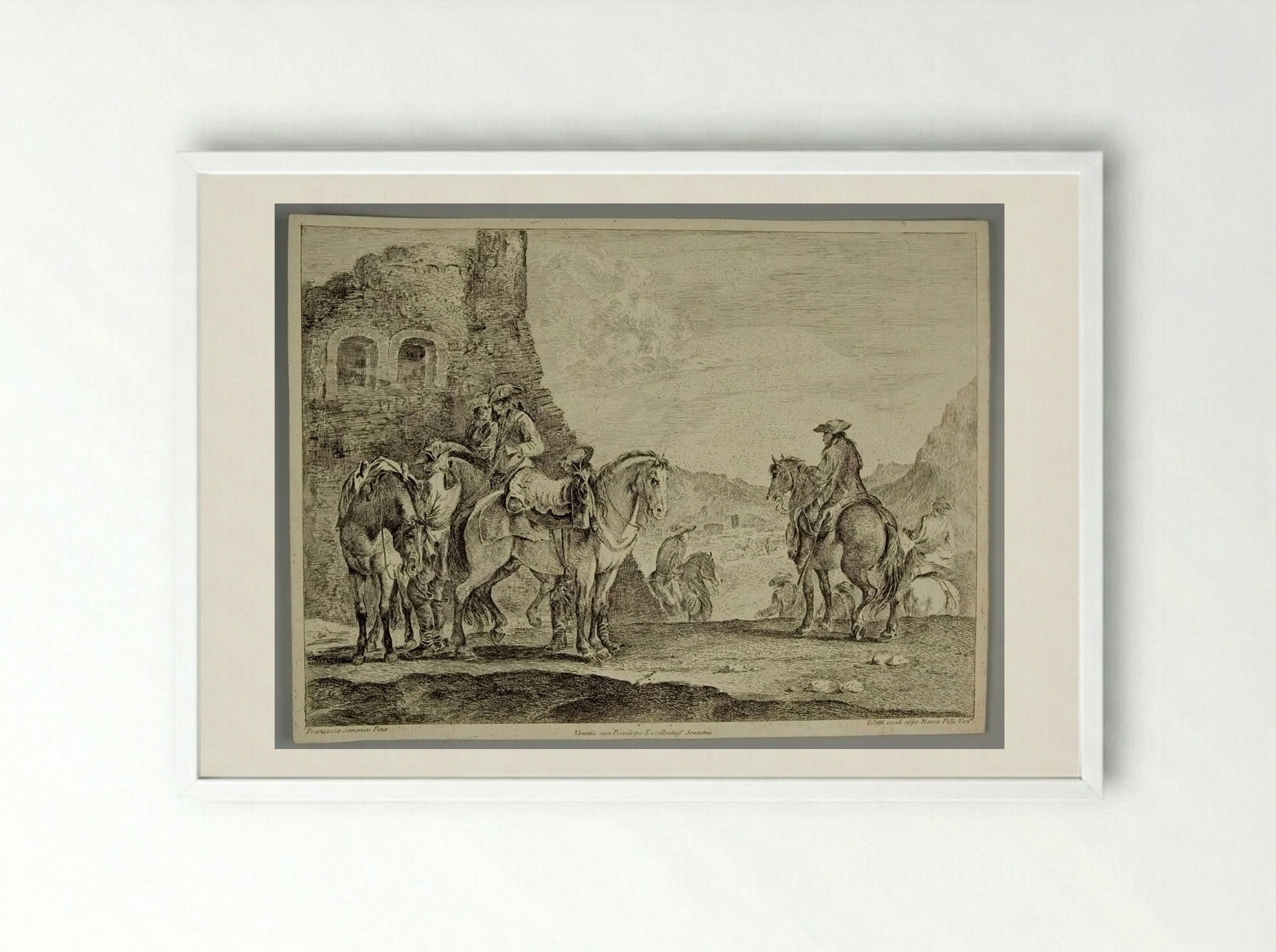 Horsemen Near a Ruin - Domenico Bernardo Zilotti - Framed Print White