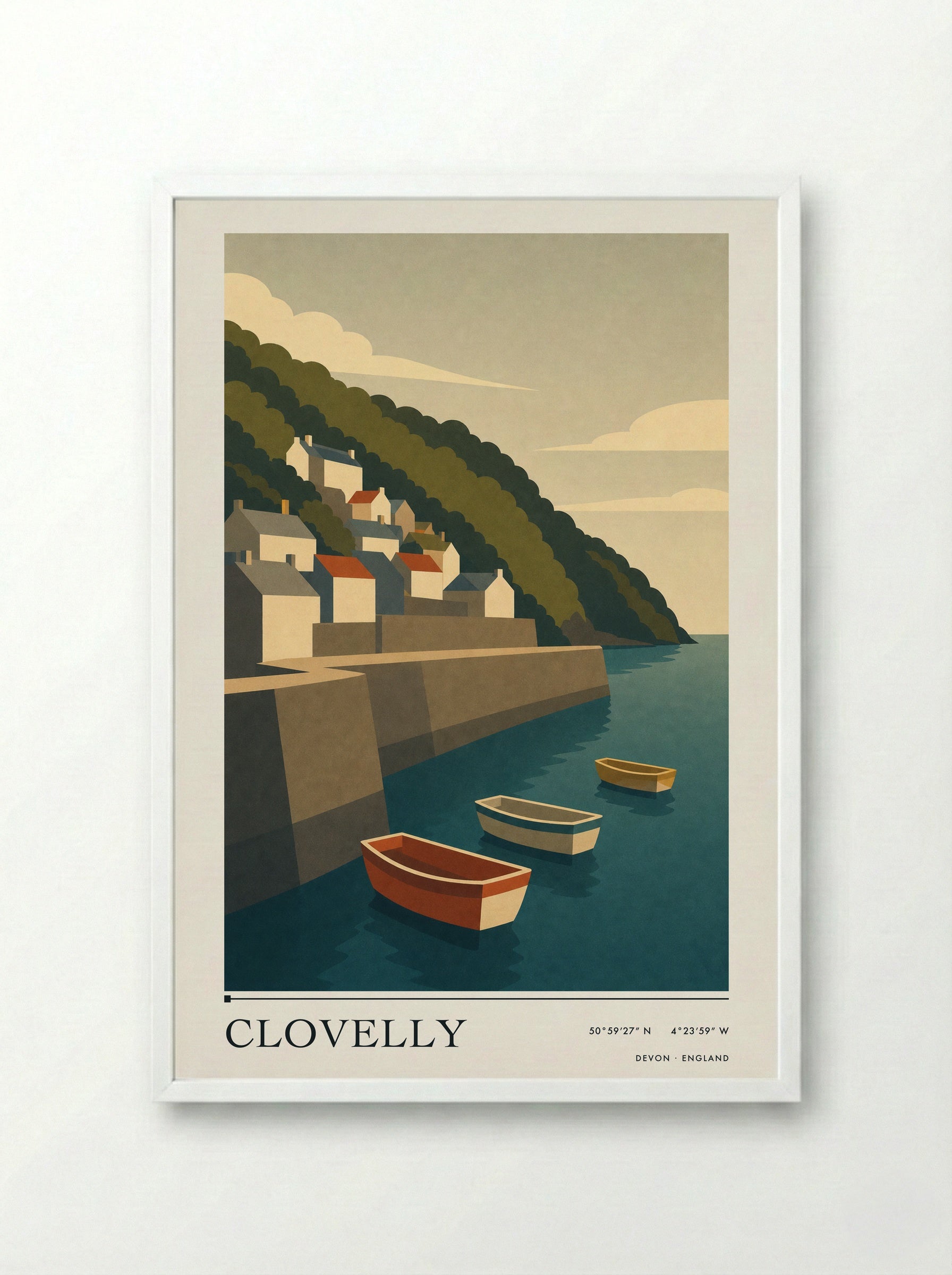 Clovelly Devon Travel Poster - Framed Print White