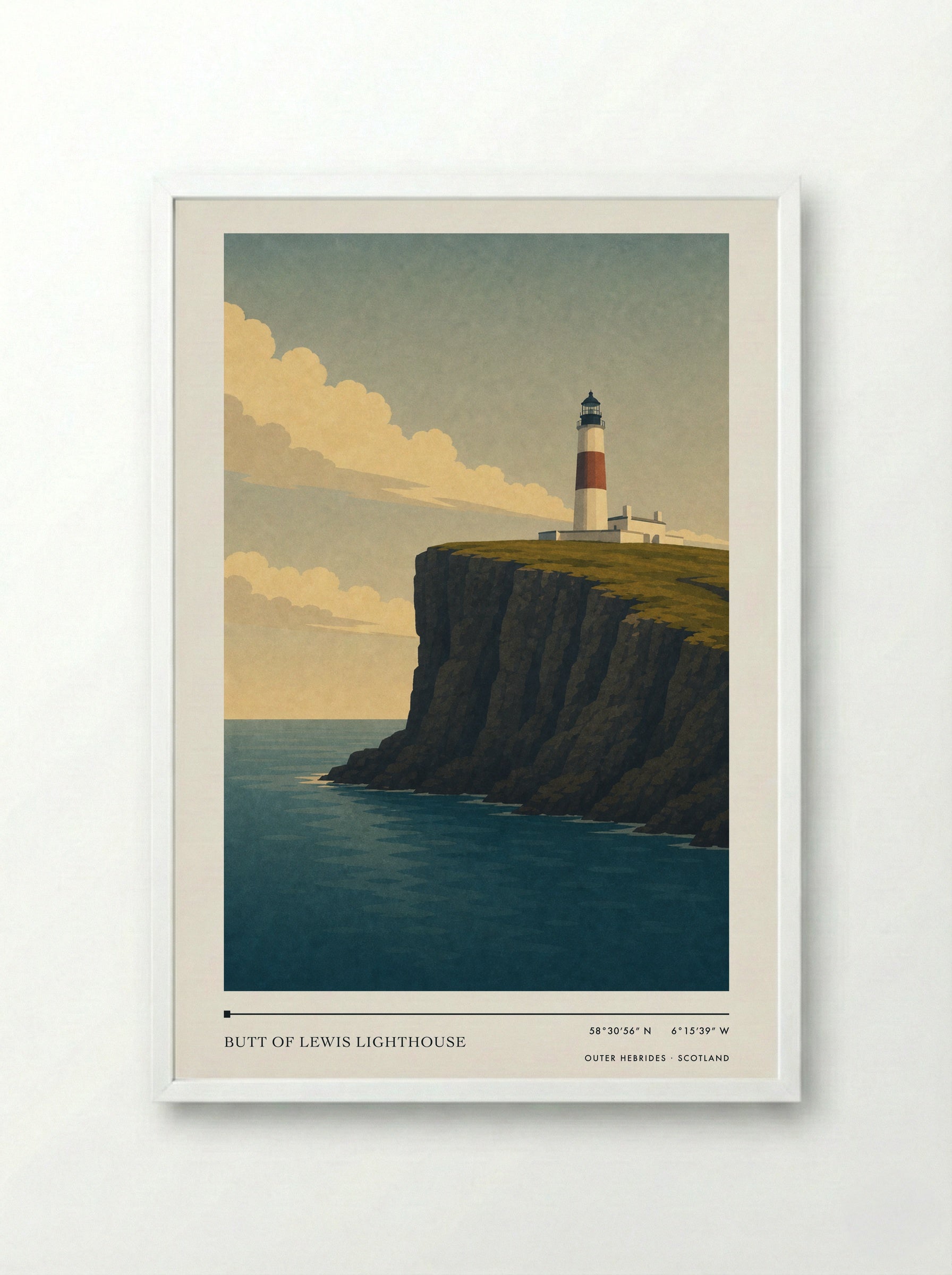 Butt of Lewis Lighthouse Travel Poster Artwork - Framed Print White