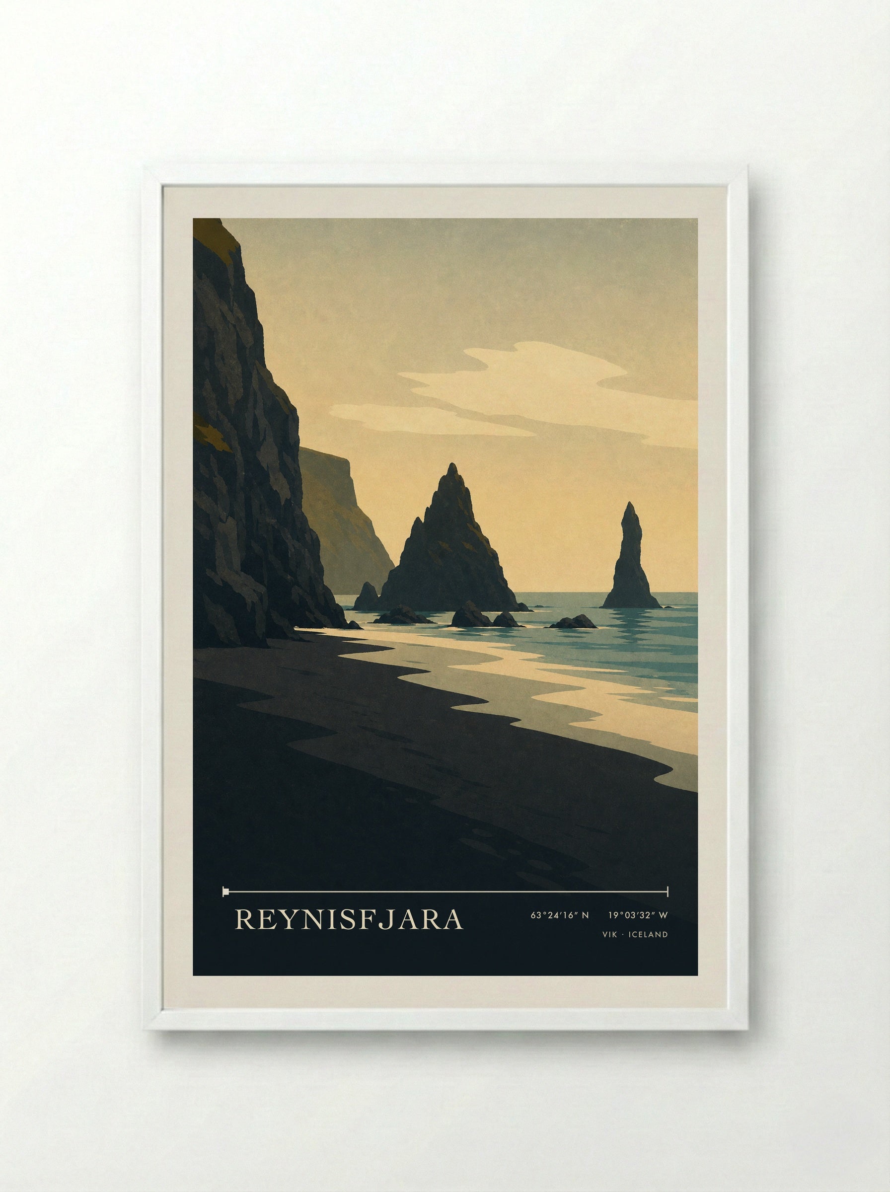 Reynisfjara Travel Poster Artwork - Framed Print White