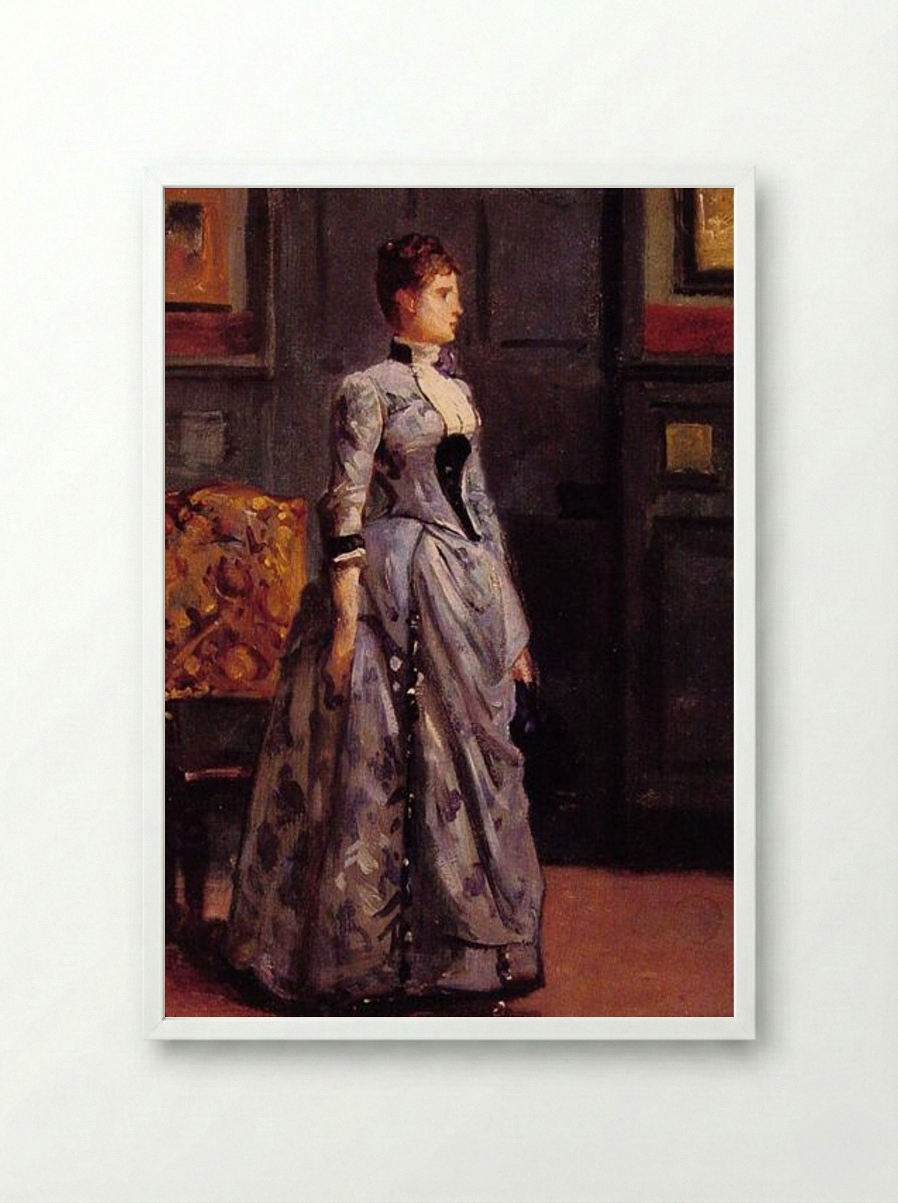 Portrait of a Woman in Blue - Alfred Stevens - Framed Print White
