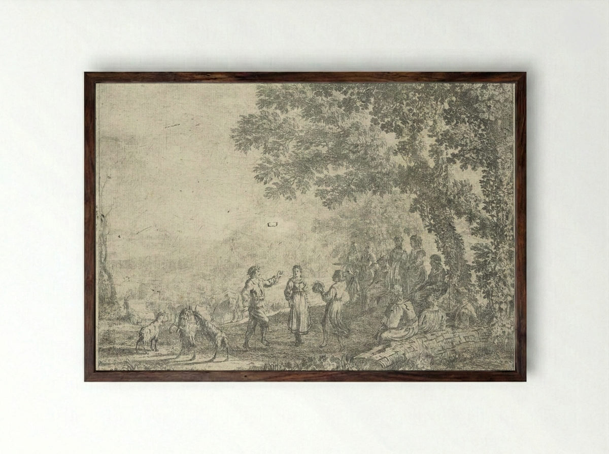 Landscape with a Country Dance, large plate - Claude Lorrain - Framed Print Dark Wood