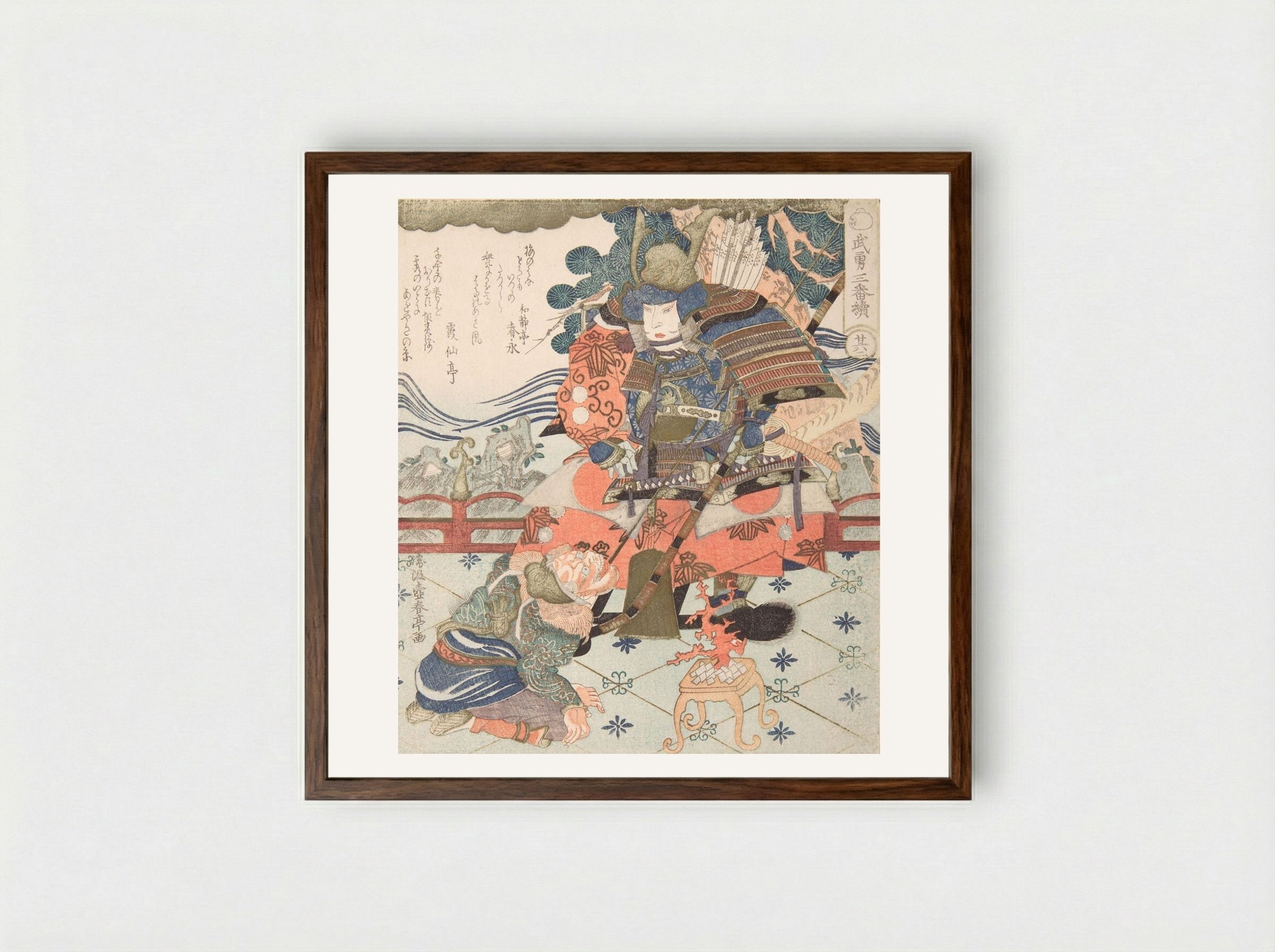 Tametomo and Messenger, from the series Three Great Warriors - Katsukawa Shuntei - Framed Print Dark Wood