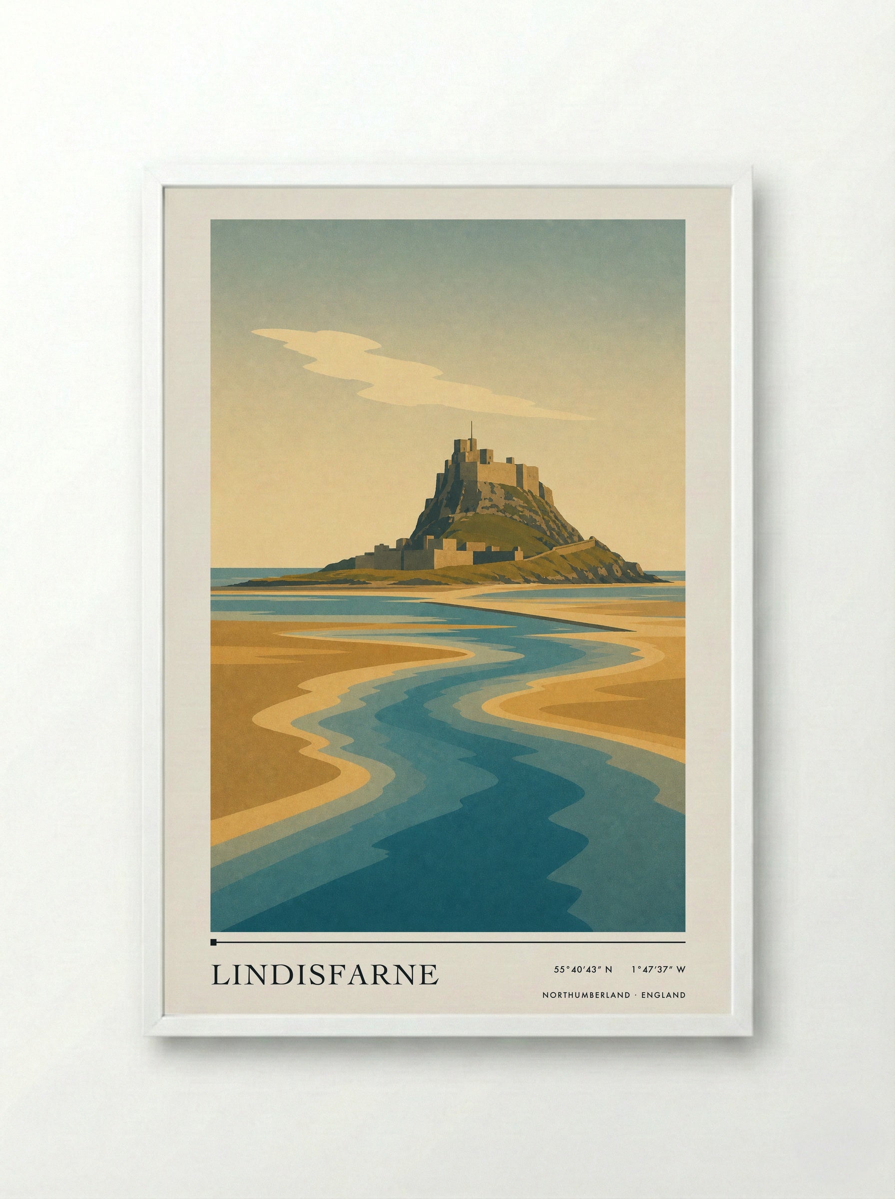 Lindisfarne Travel Poster Artwork - Framed Print White