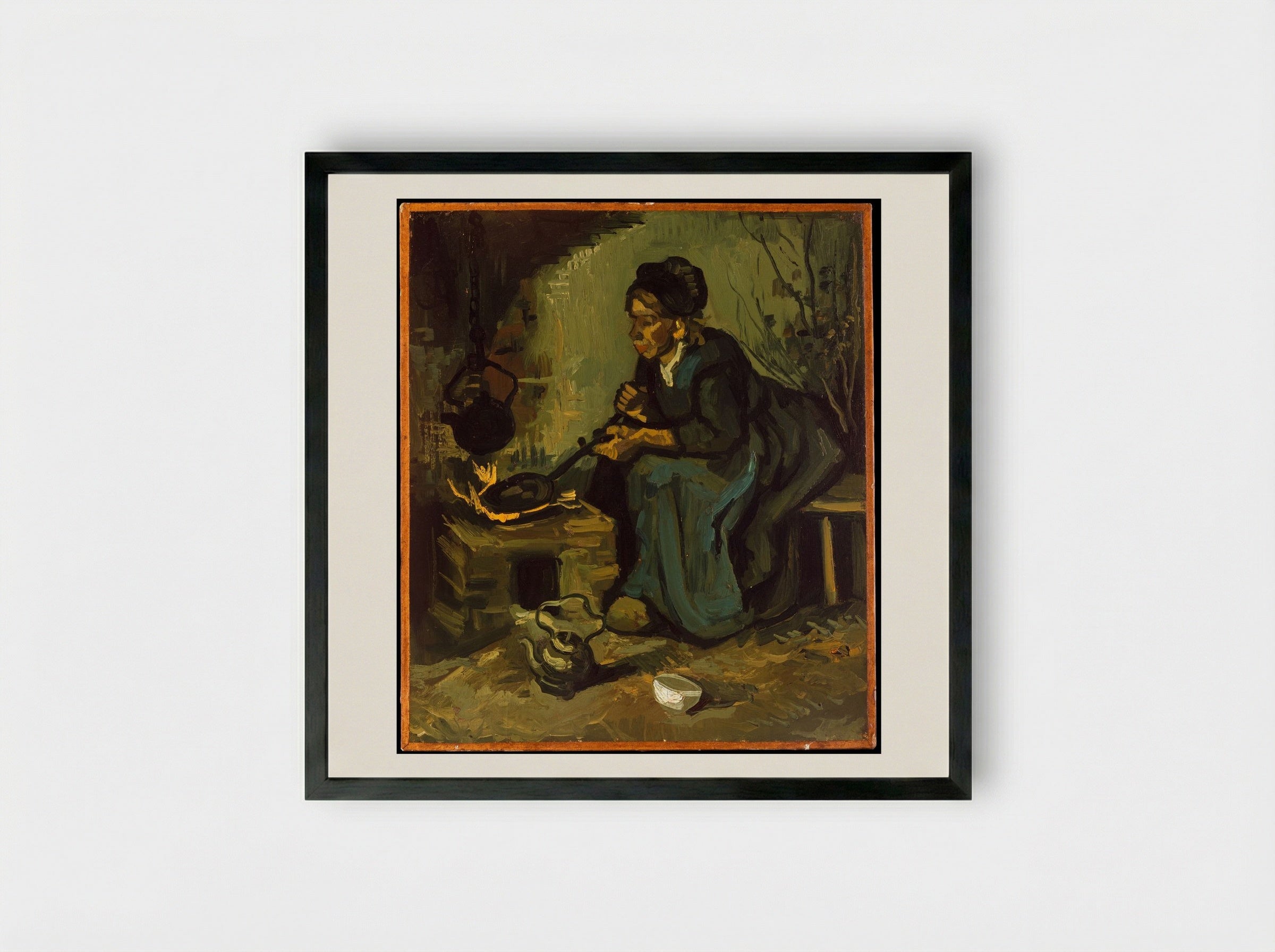 Peasant Woman Cooking by a Fireplace - Vincent van Gogh - Framed Print Black