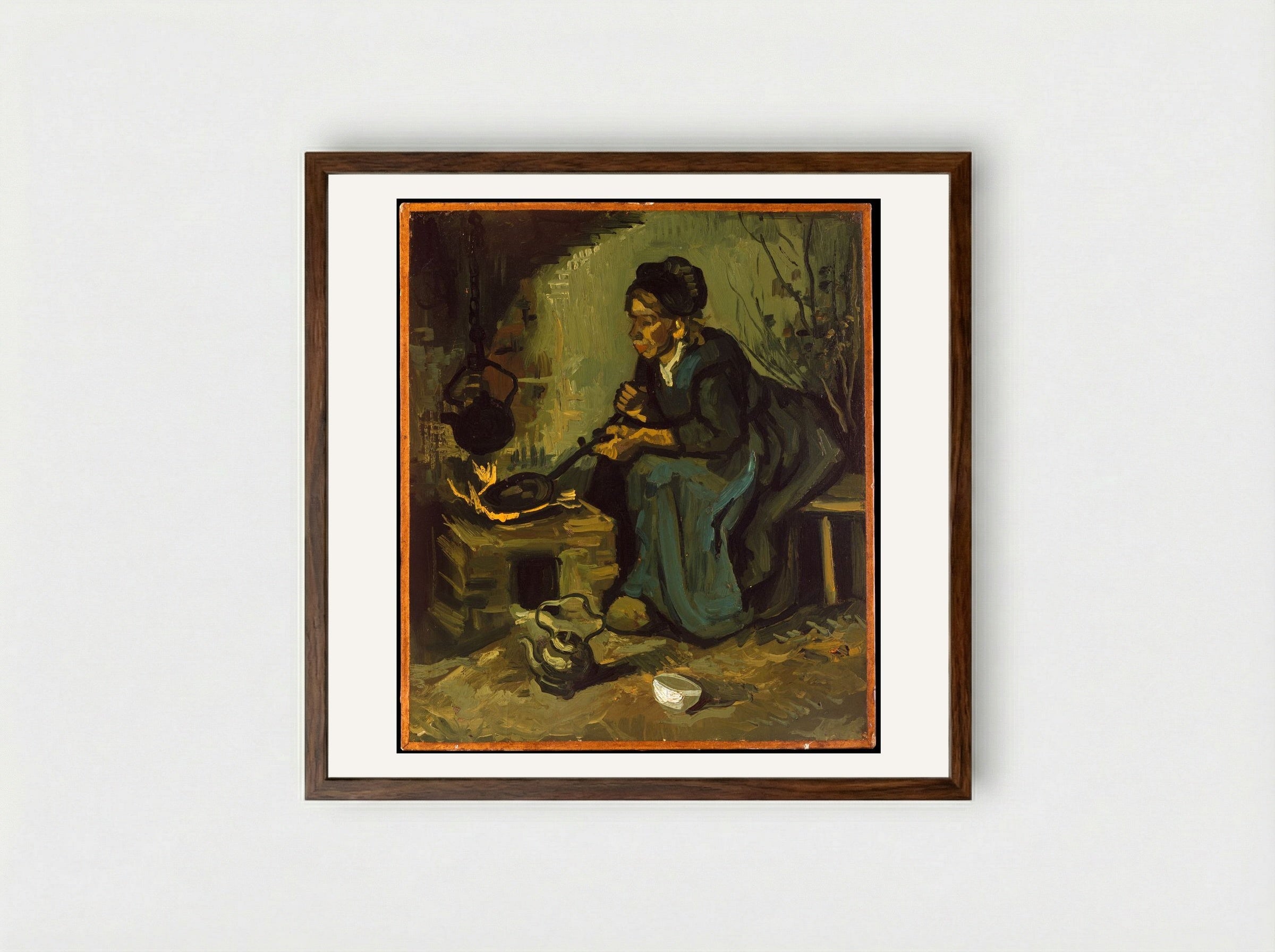 Peasant Woman Cooking by a Fireplace - Vincent van Gogh - Framed Print Dark Wood