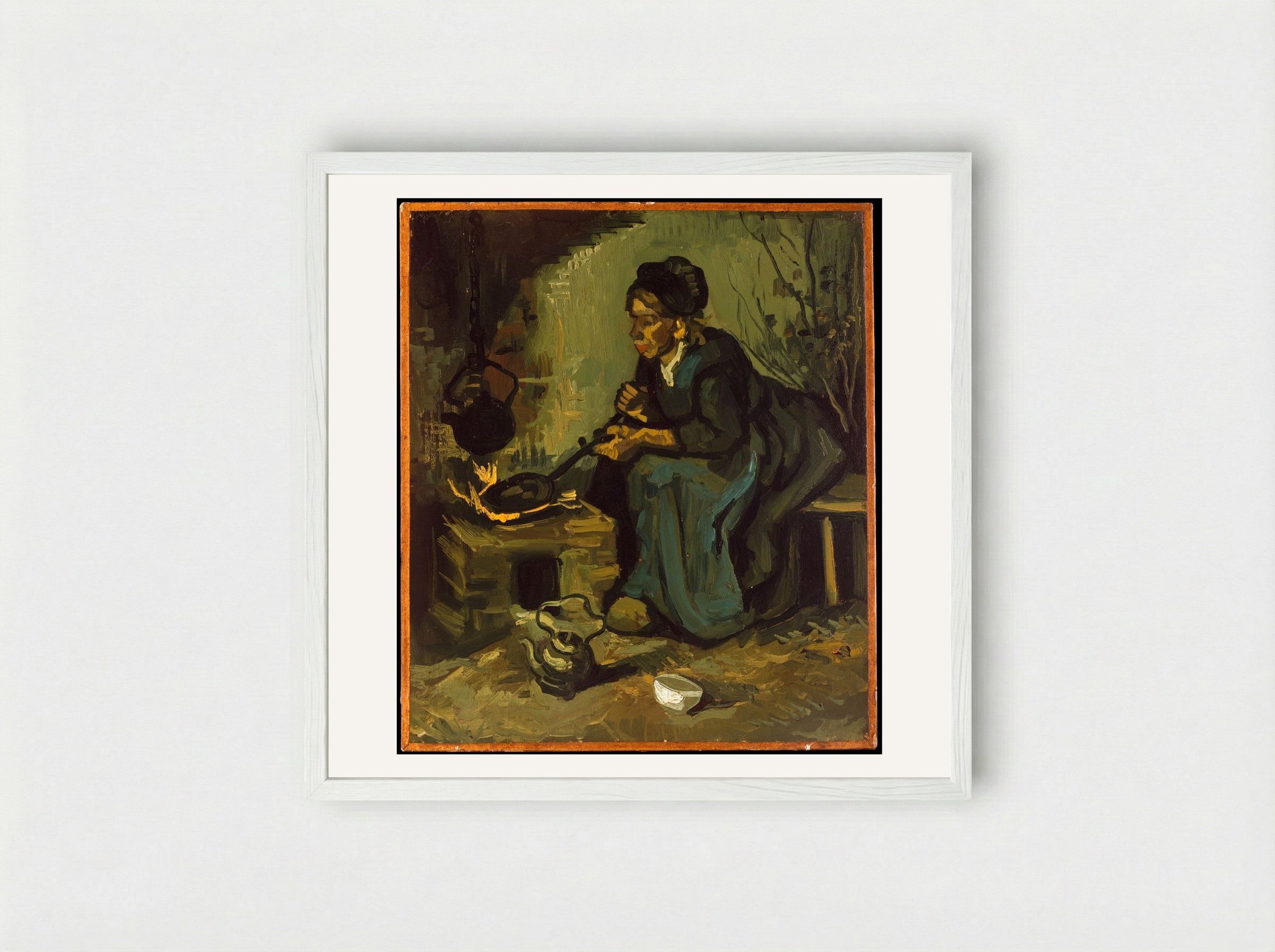 Peasant Woman Cooking by a Fireplace - Vincent van Gogh - Framed Print White