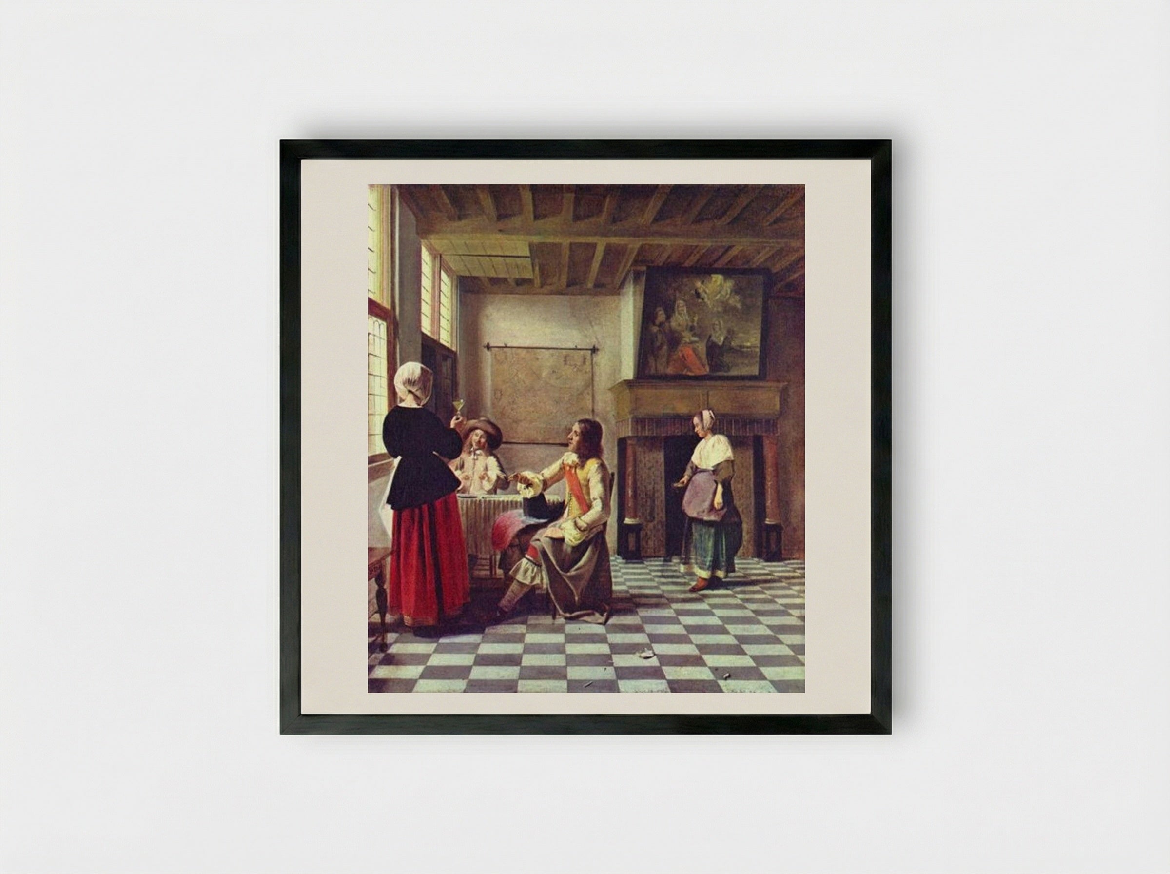 A Woman Drinking with Two Men - Pieter de Hooch - Framed Print Black