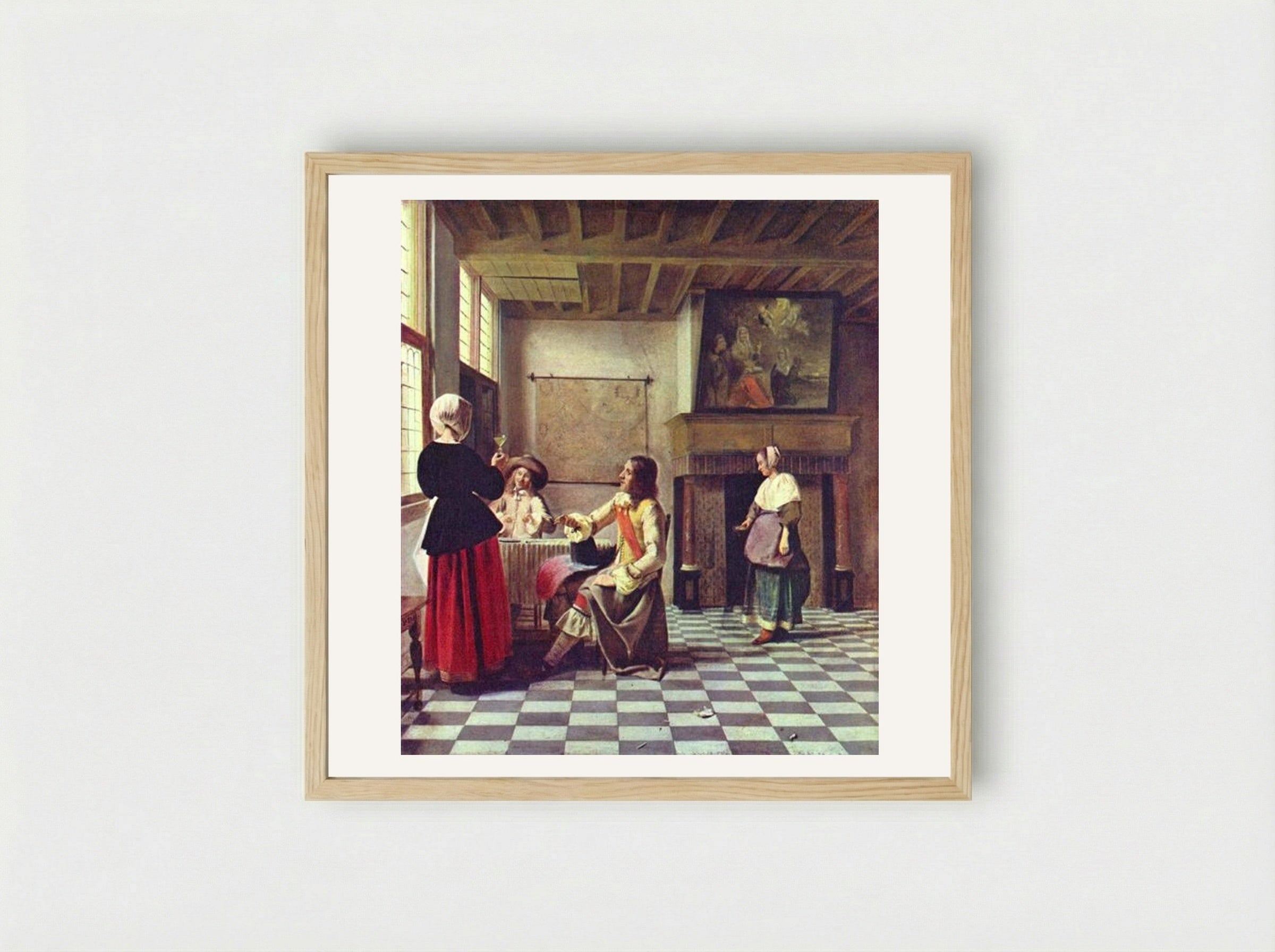 A Woman Drinking with Two Men - Pieter de Hooch - Framed Print Wood