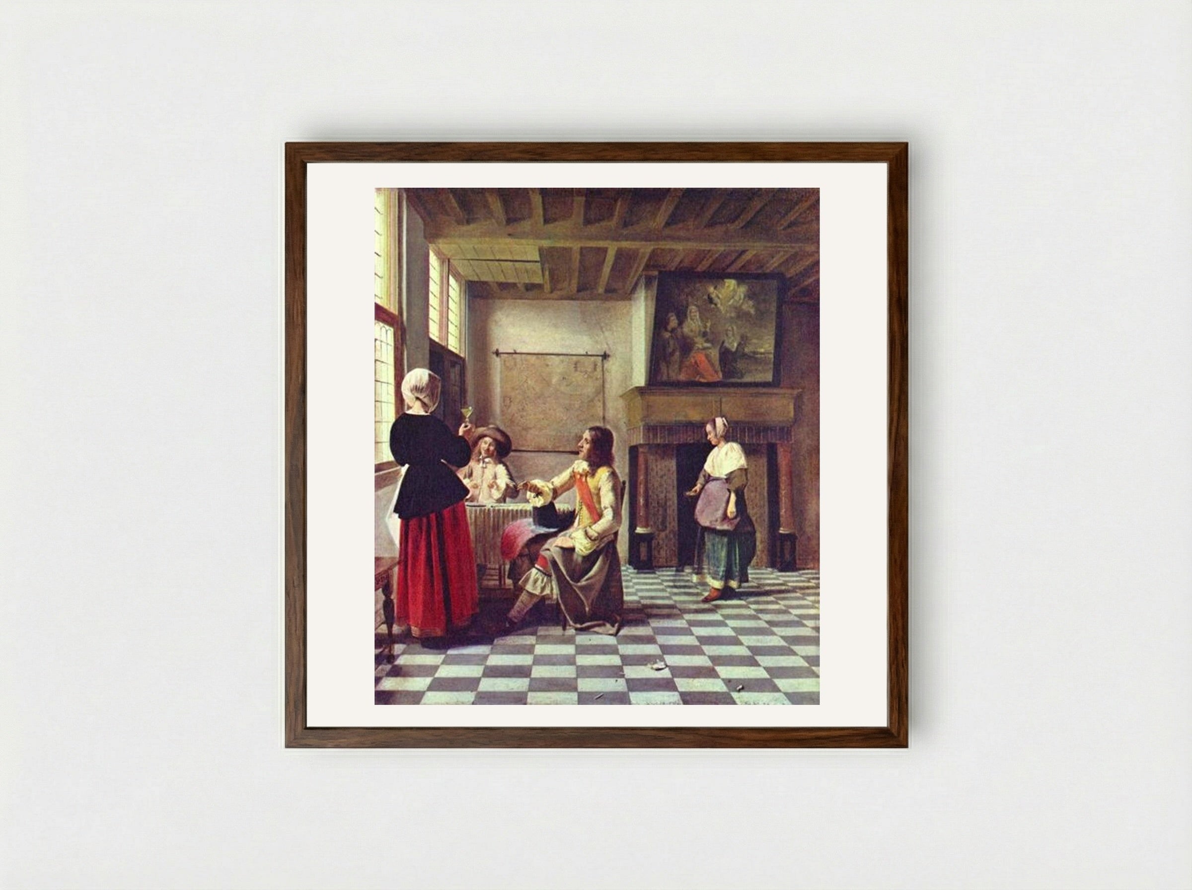 A Woman Drinking with Two Men - Pieter de Hooch - Framed Print Dark Wood