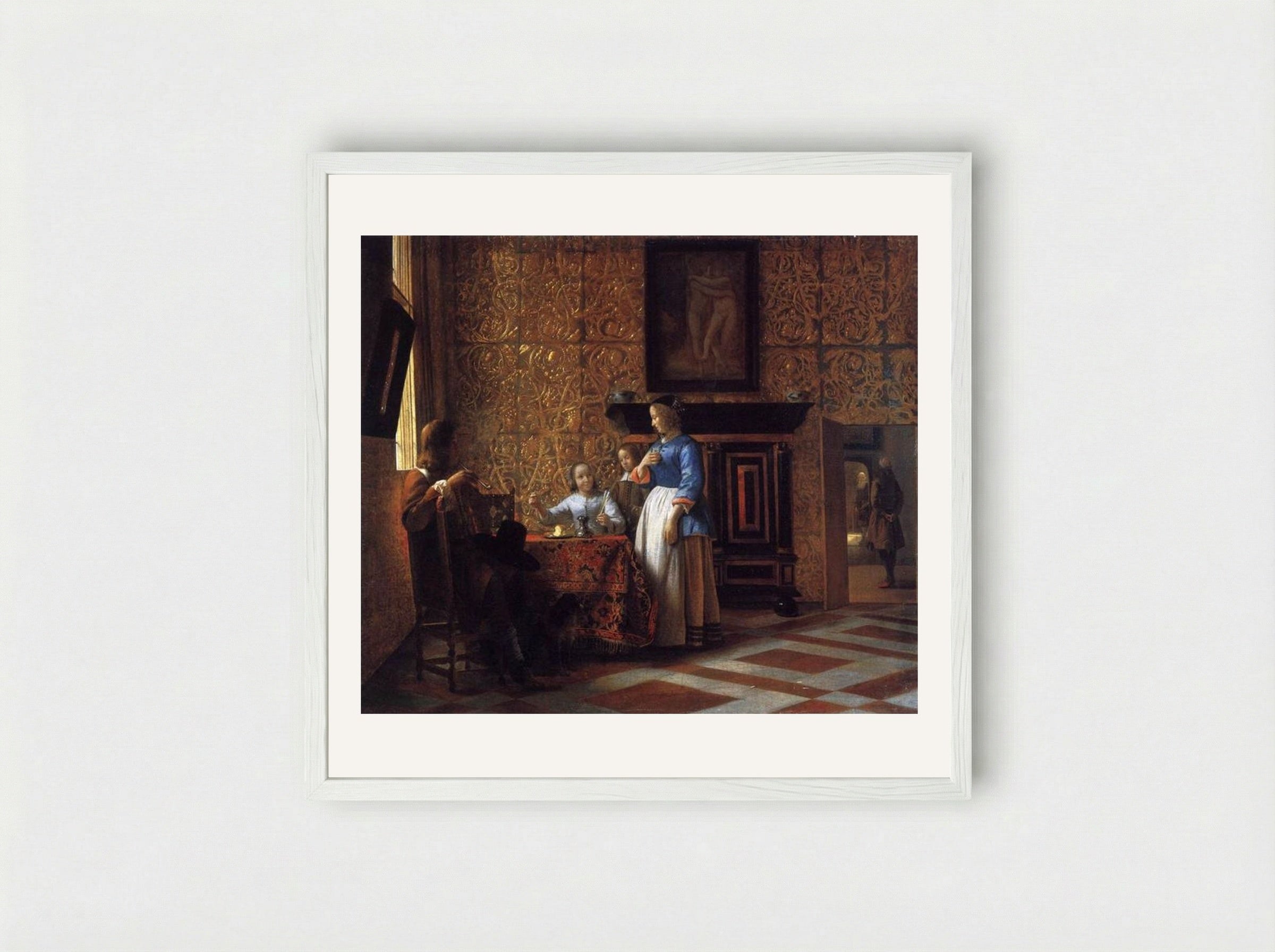 Interior with Figures - Pieter de Hooch - Framed Print White