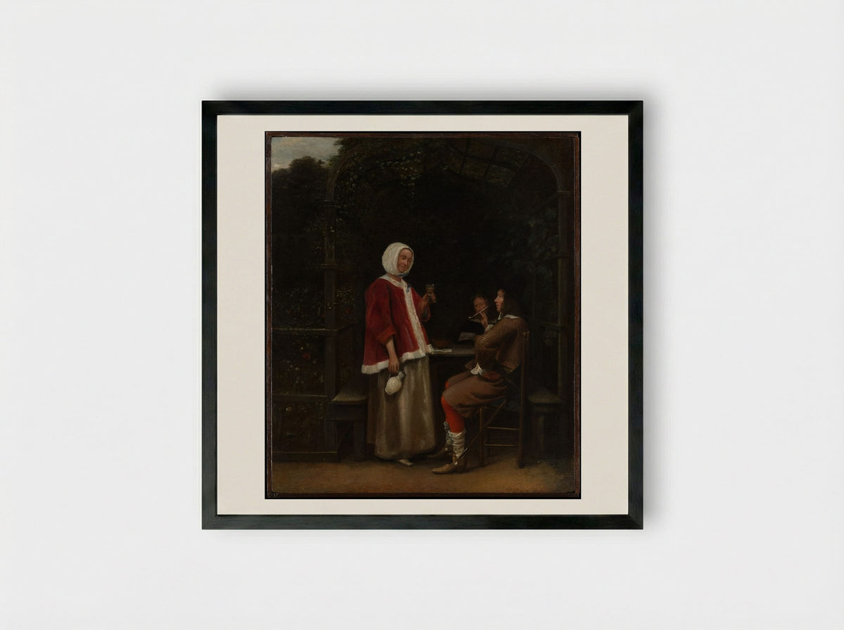 A Woman and Two Men in an Arbor - Pieter de Hooch - Framed Print Black