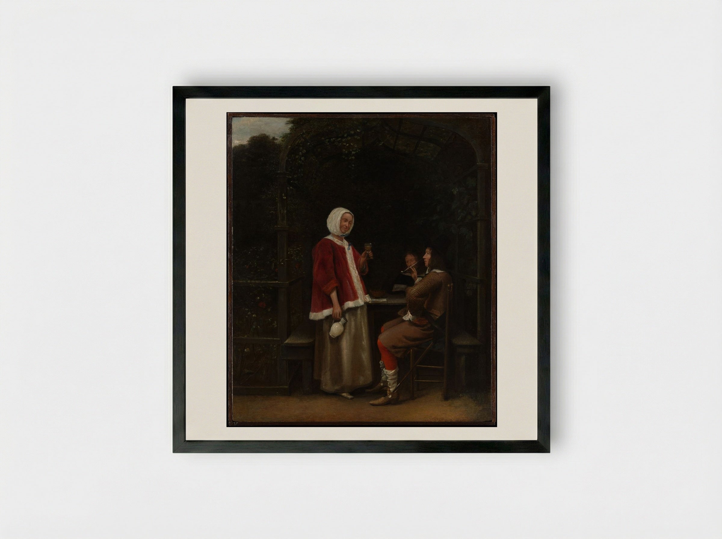 A Woman and Two Men in an Arbor - Pieter de Hooch - Framed Print Black