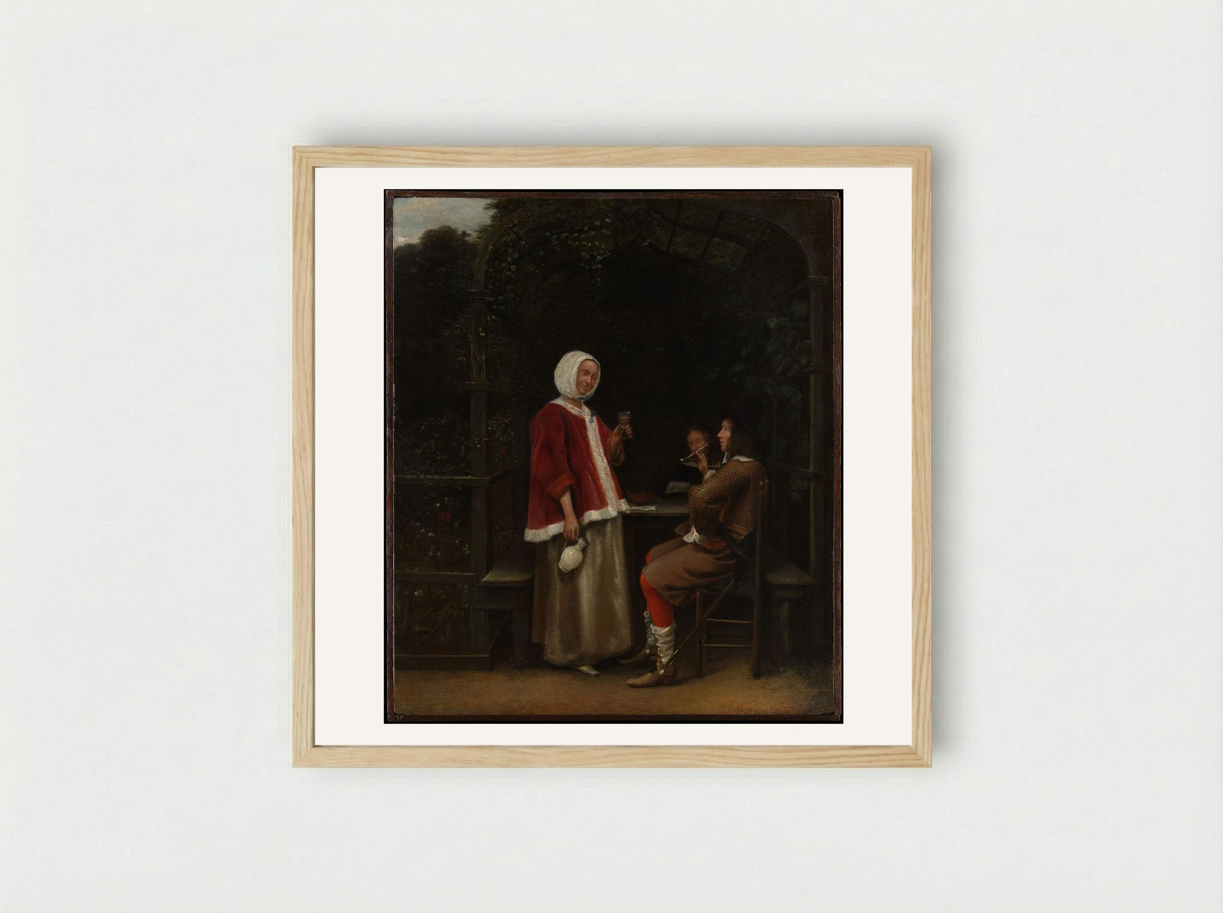 A Woman and Two Men in an Arbor - Pieter de Hooch - Framed Print Wood