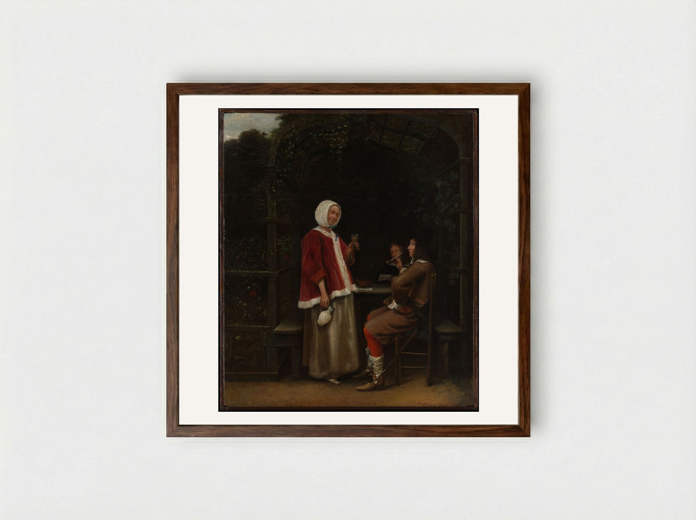 A Woman and Two Men in an Arbor - Pieter de Hooch - Framed Print Dark Wood