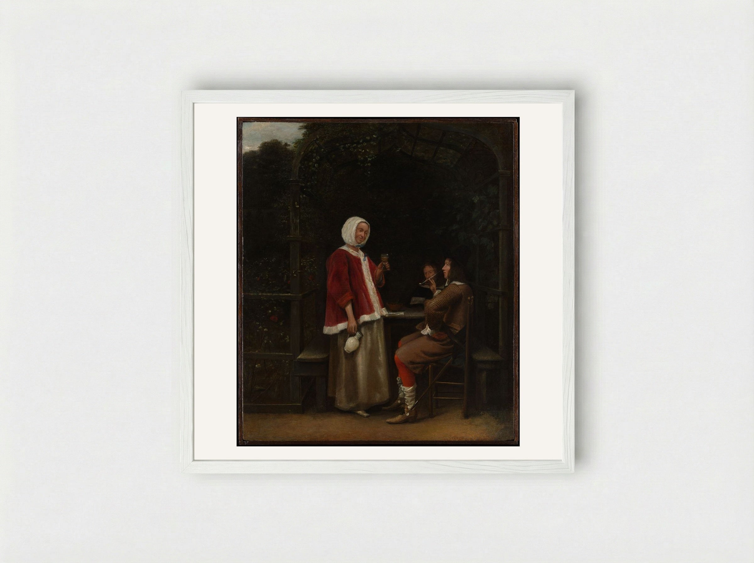 A Woman and Two Men in an Arbor - Pieter de Hooch - Framed Print White