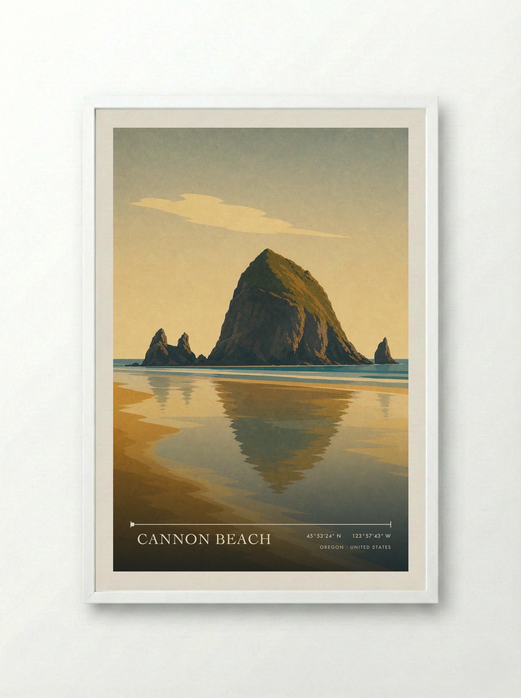 Cannon Beach Travel Poster Artwork - Framed Print White