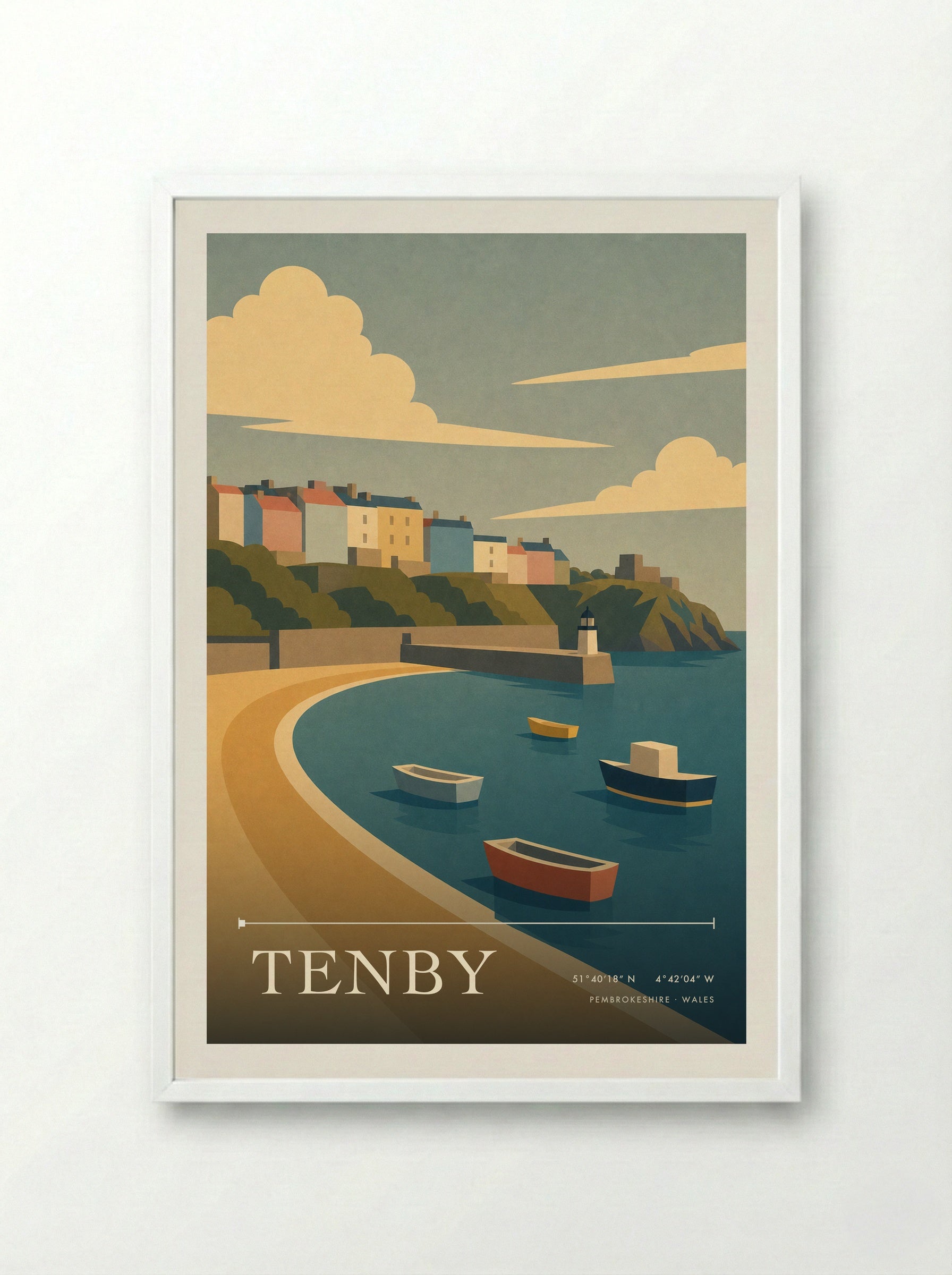 Tenby Pembrokeshire Travel Poster - Framed Print White