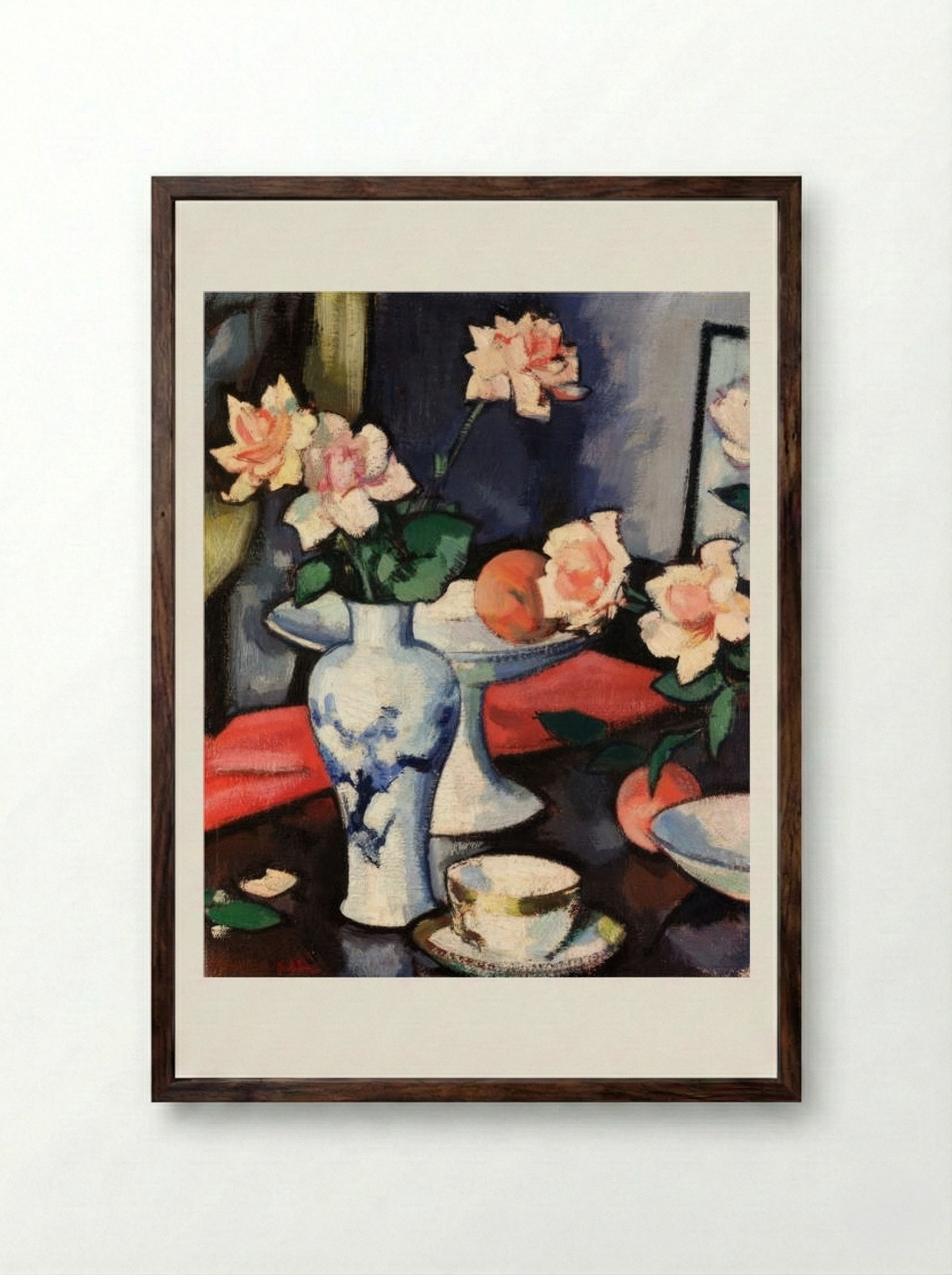 Still Life with Roses in a Chinese Vase - Samuel Peploe - Framed Print Dark Wood