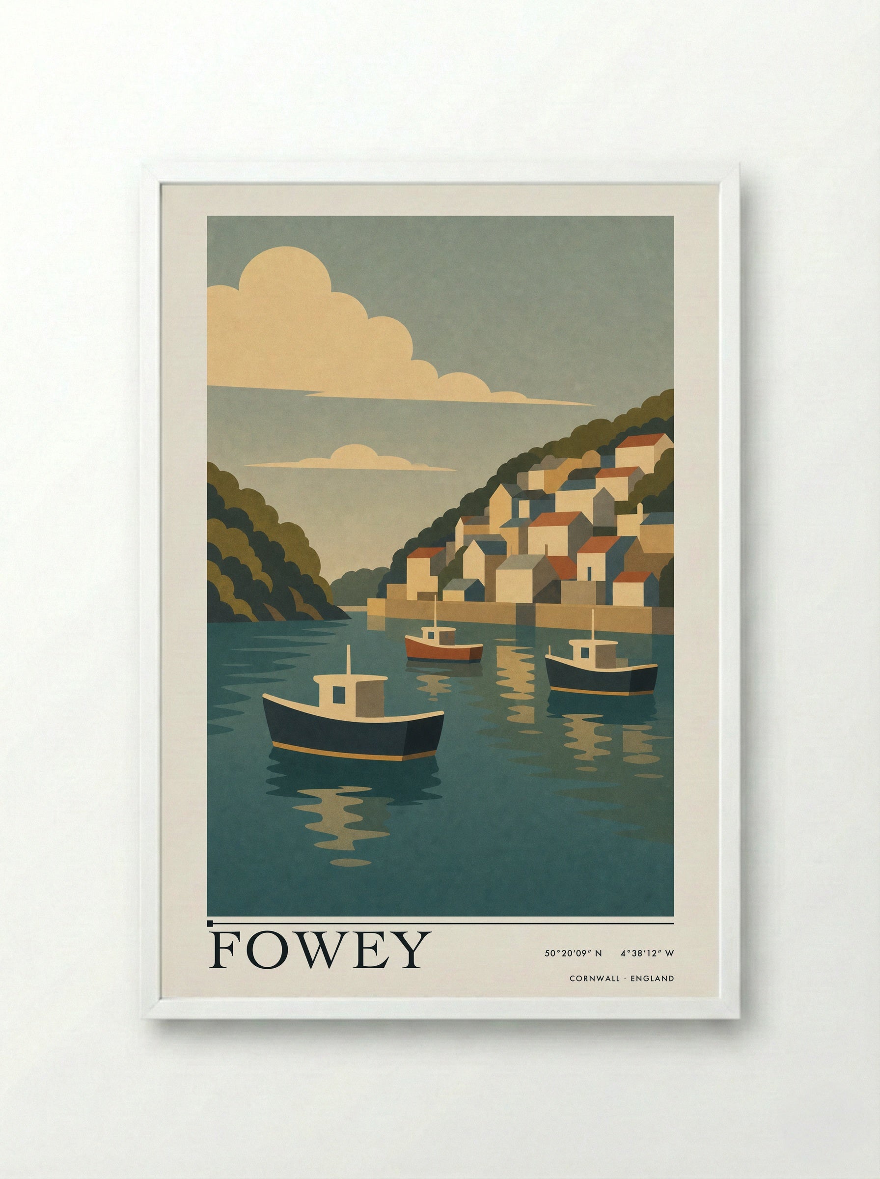 Fowey Cornwall Travel Poster - Framed Print White