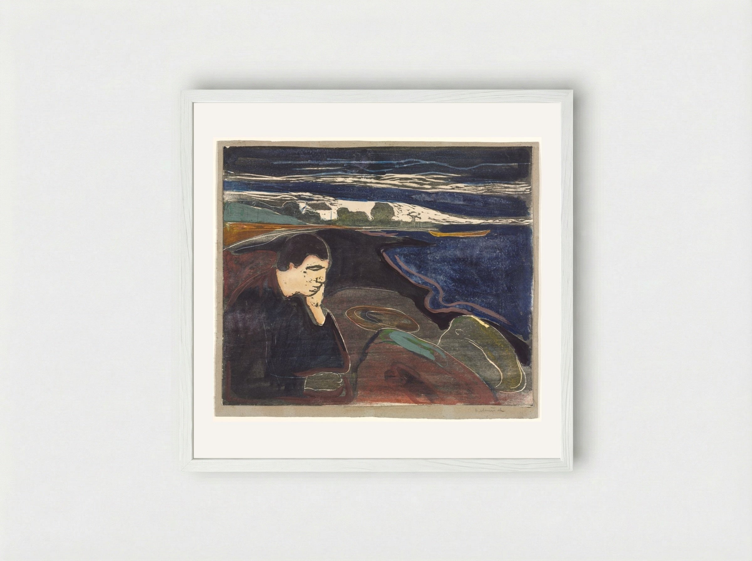 Evening, Melancholy I - Edvard Munch - Framed Print White