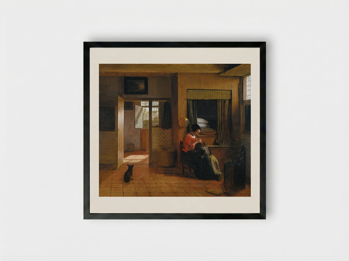 Interior with a Mother delousing her Child - Pieter de Hooch - Framed Print Black