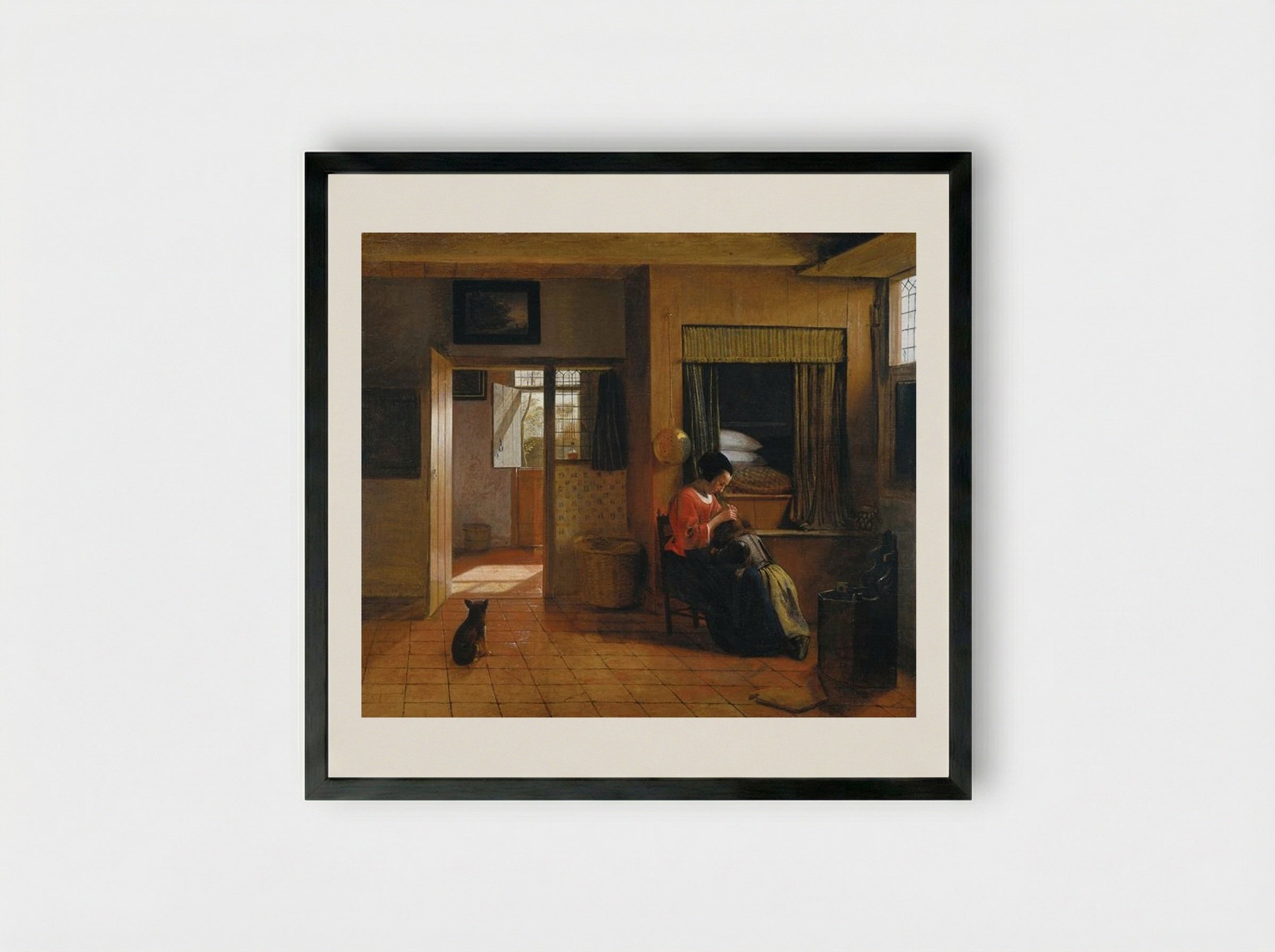 Interior with a Mother delousing her Child - Pieter de Hooch - Framed Print Black