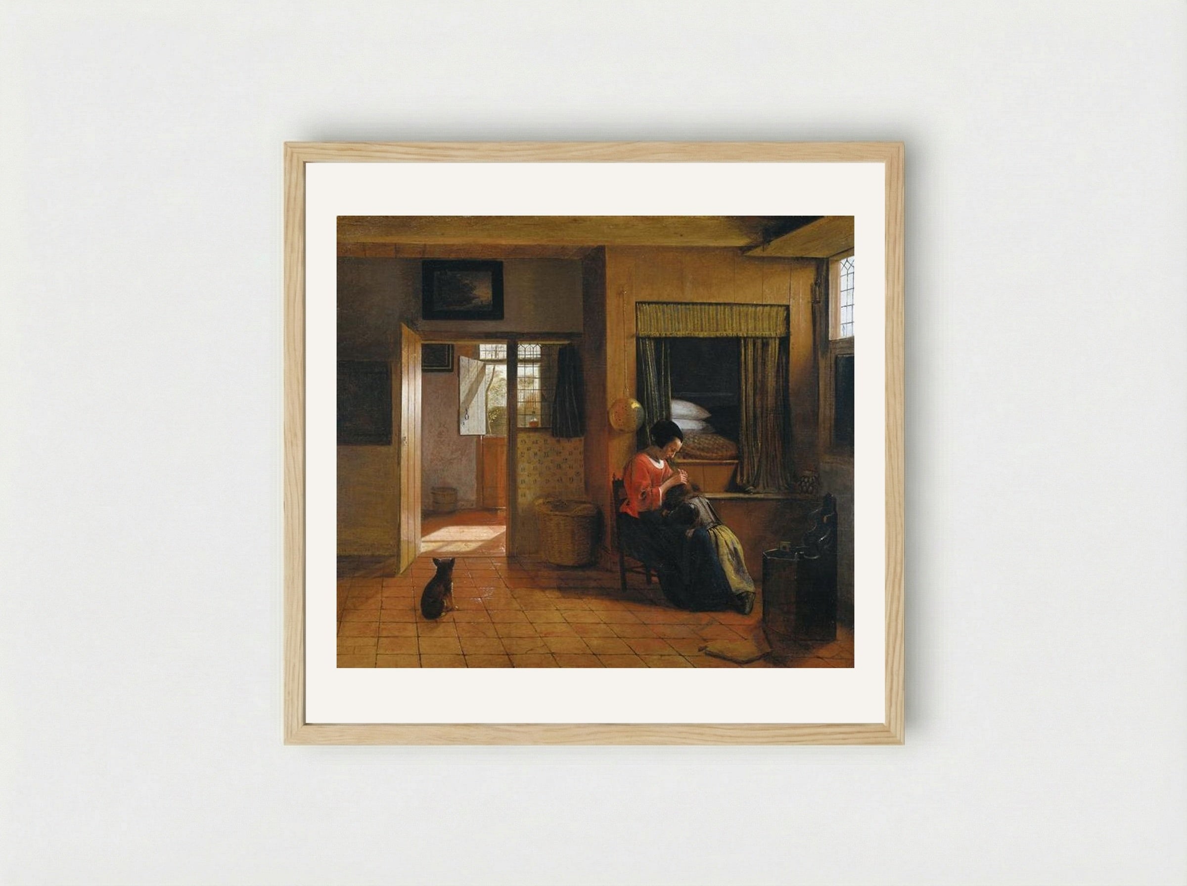 Interior with a Mother delousing her Child - Pieter de Hooch - Framed Print Wood