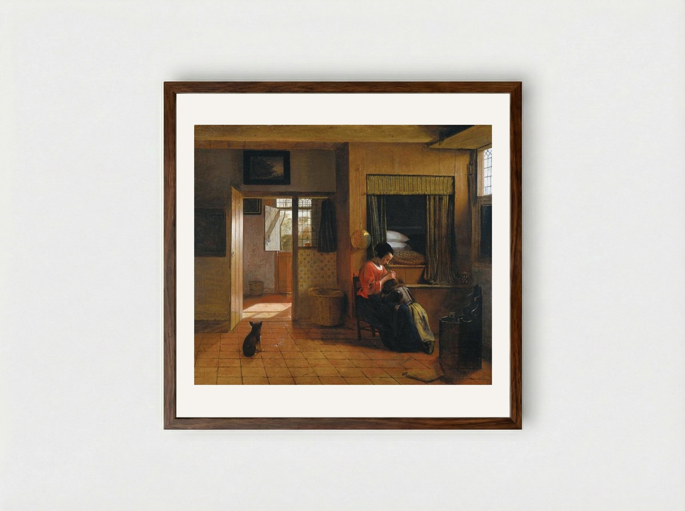 Interior with a Mother delousing her Child - Pieter de Hooch - Framed Print Dark Wood