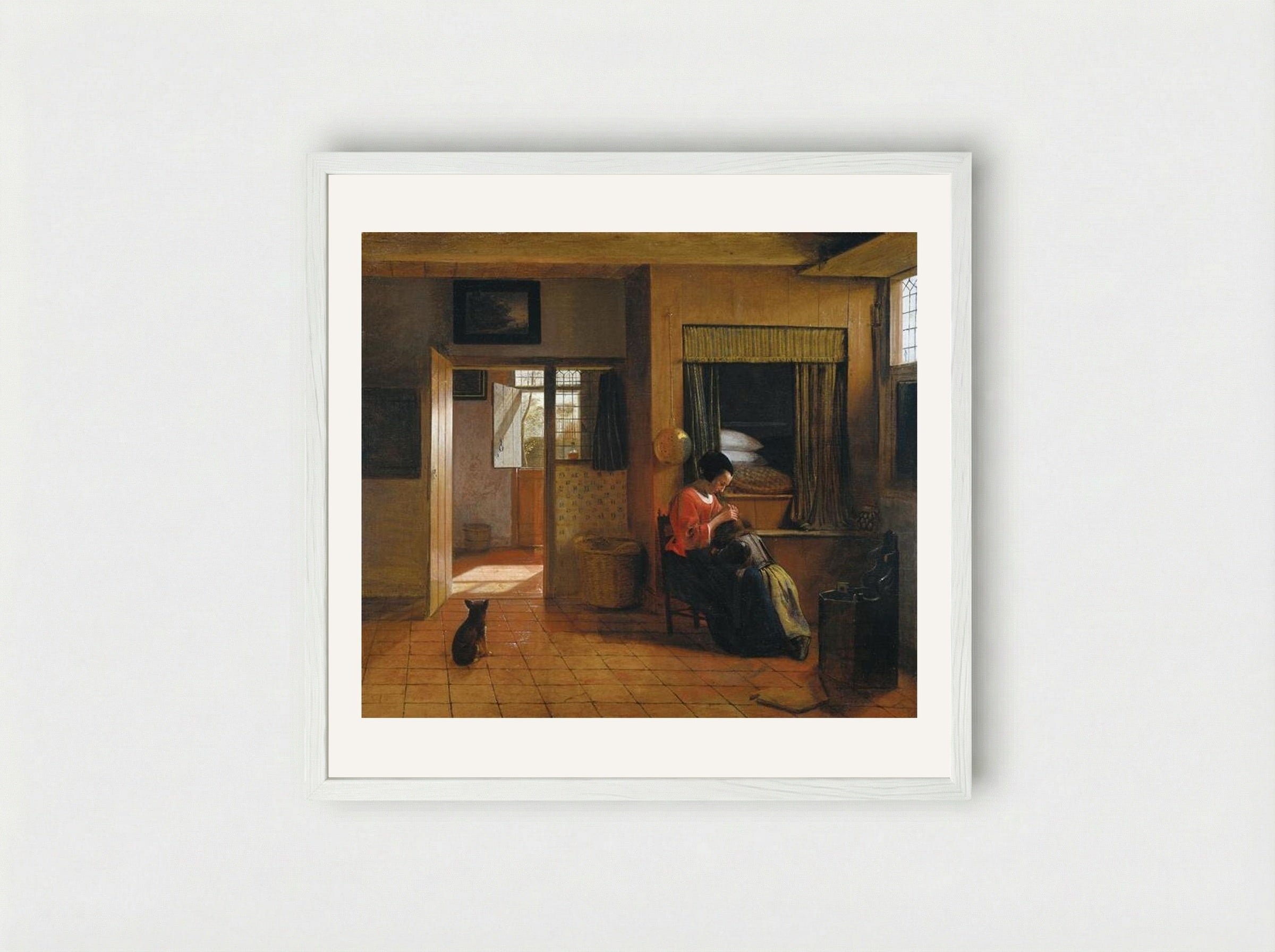 Interior with a Mother delousing her Child - Pieter de Hooch - Framed Print White