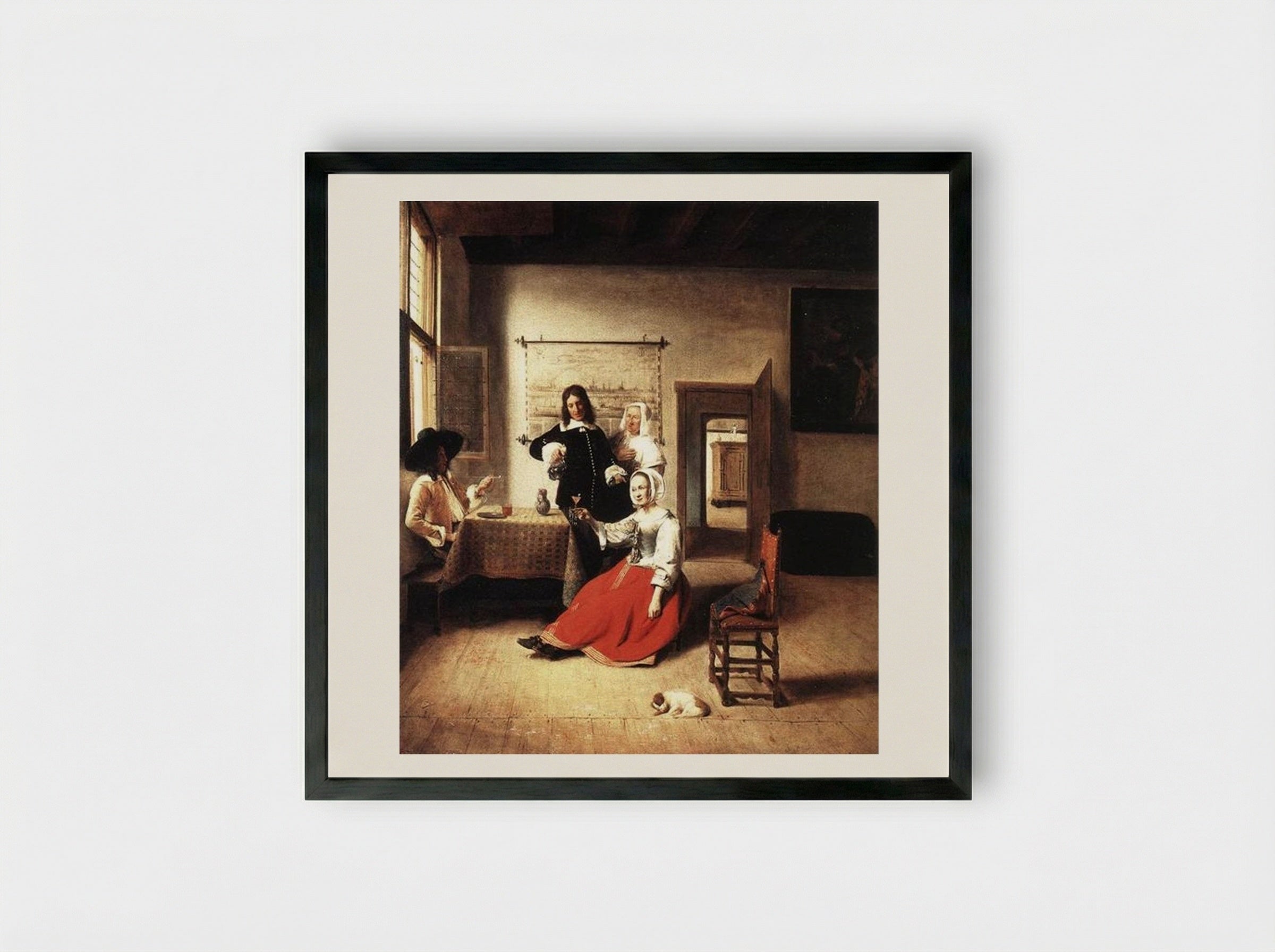 Woman Drinking with Soldiers - Pieter de Hooch - Framed Print Black