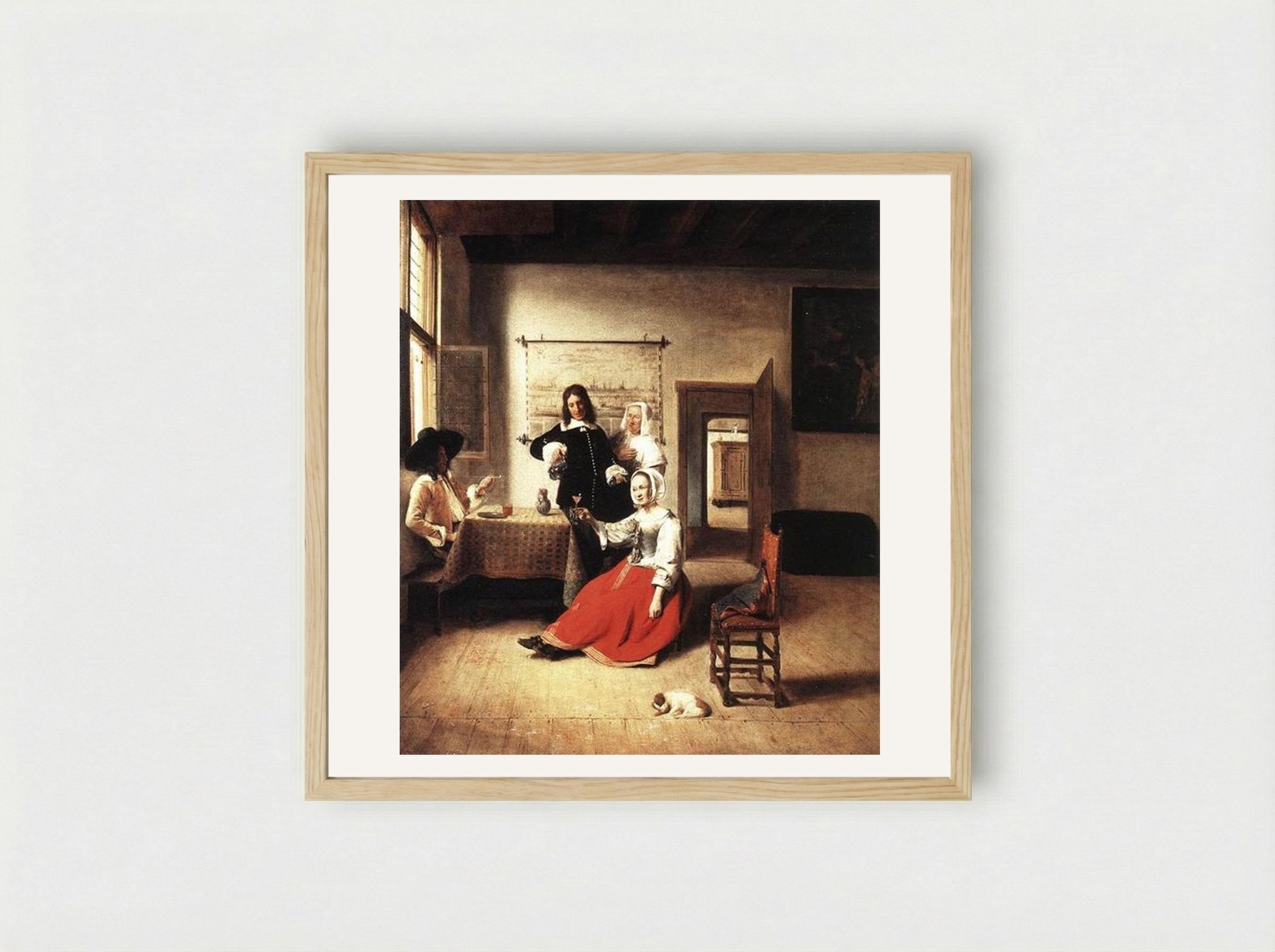 Woman Drinking with Soldiers - Pieter de Hooch - Framed Print Wood