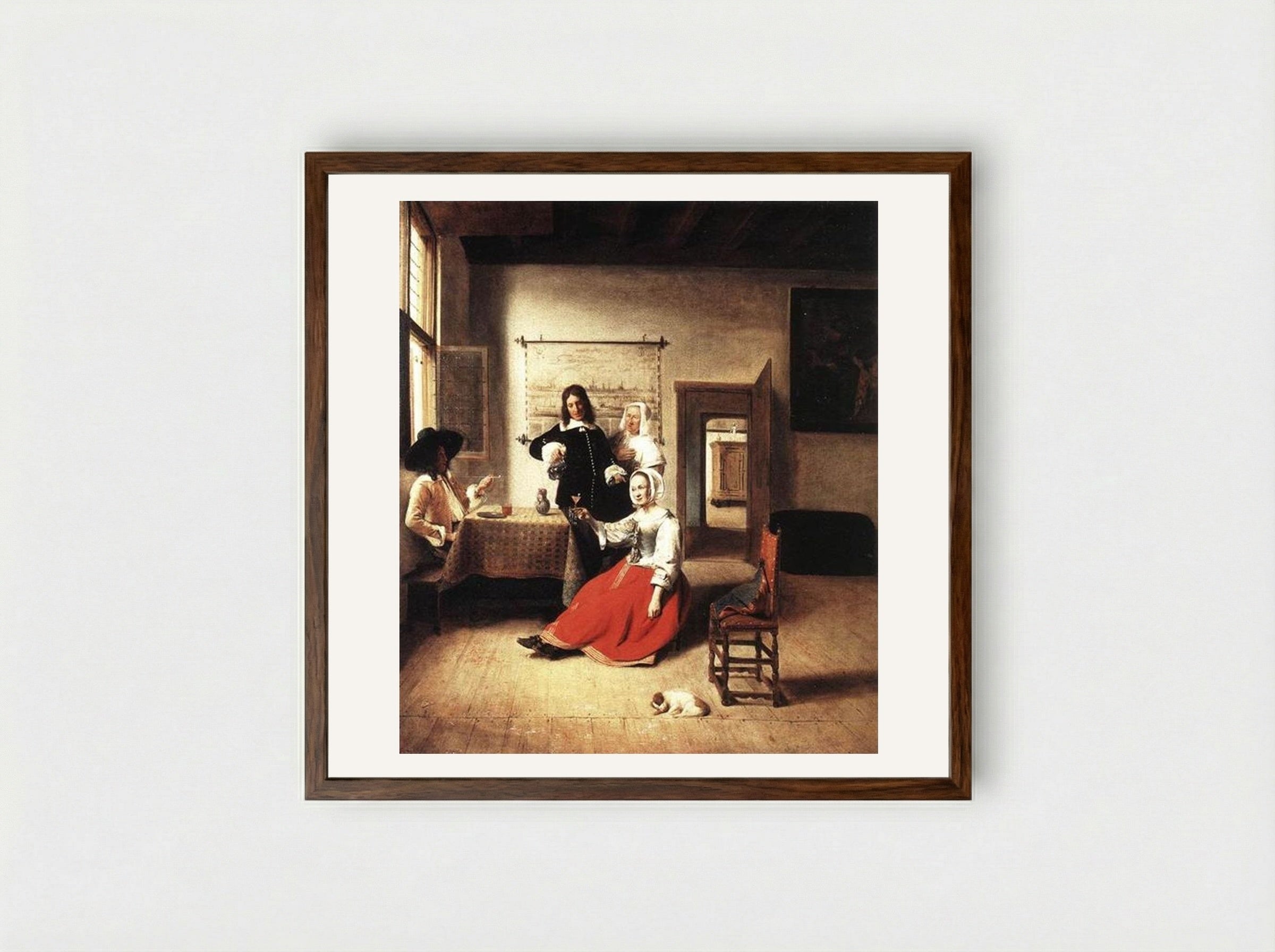 Woman Drinking with Soldiers - Pieter de Hooch - Framed Print Dark Wood